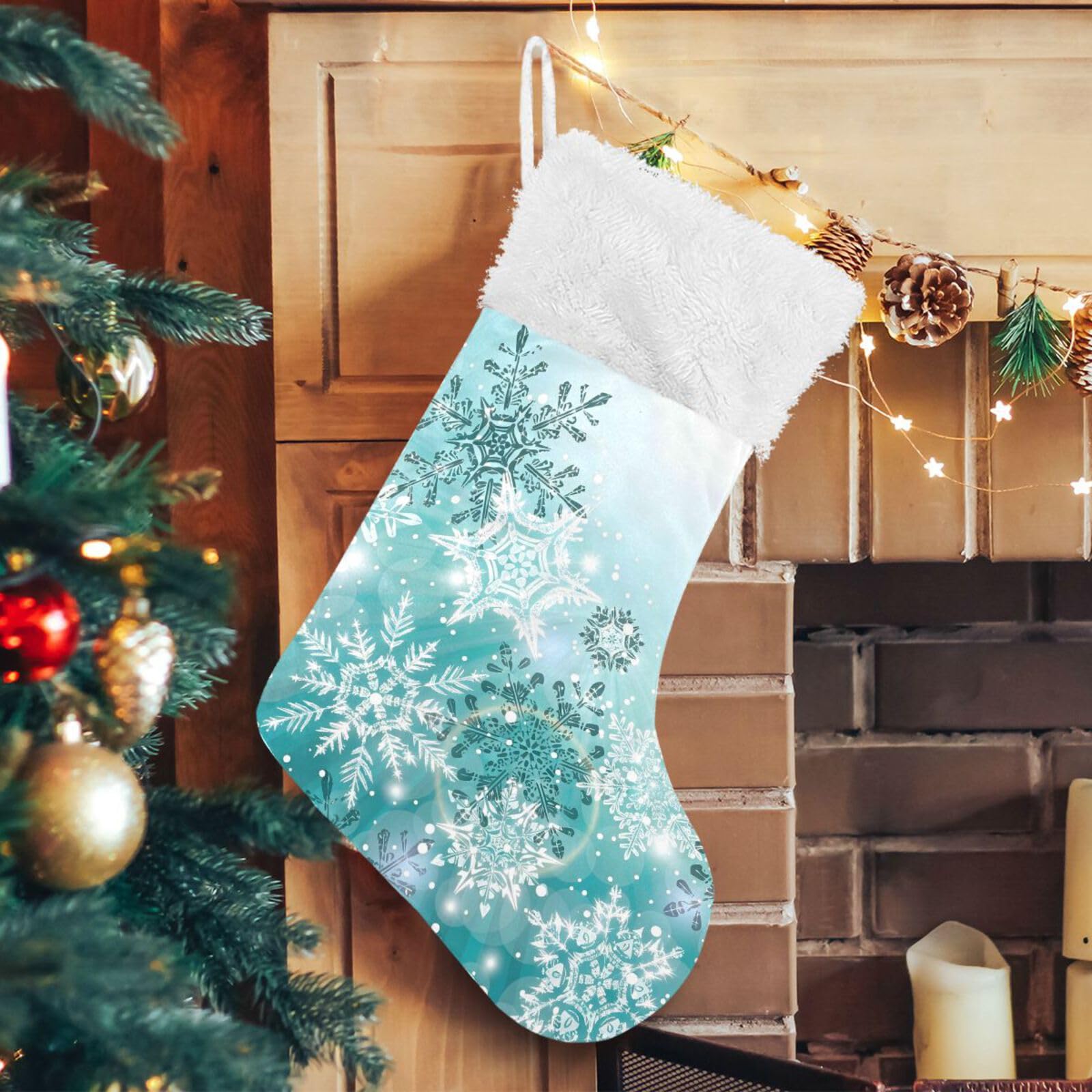 ALAZA Christmas Stockings Silver Winter Teal Turquoise Snowflakes Christmas Classic Personalized Large Stocking Decorations for Family Holiday Season Party Decor 1 Pack,17.7"