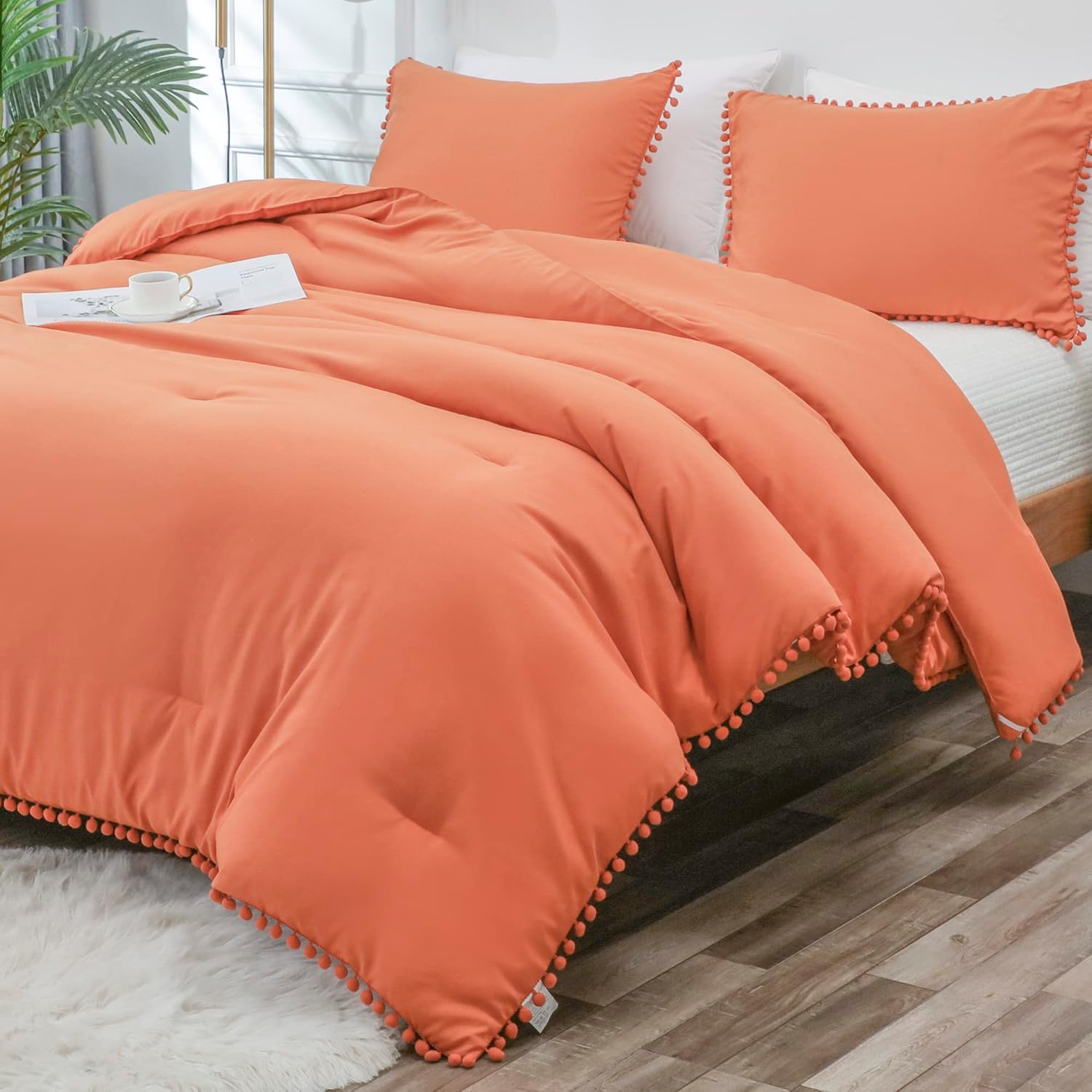Terracotta Comforter Set Twin Size (66x90 Inch), 2 Pieces Twin Comforter Set (1 Pom Pom Fringe Comforter and 1 Pillowcase), All Season Soft Down Alternative Bedding Set Terracotta Twin (66"x90")