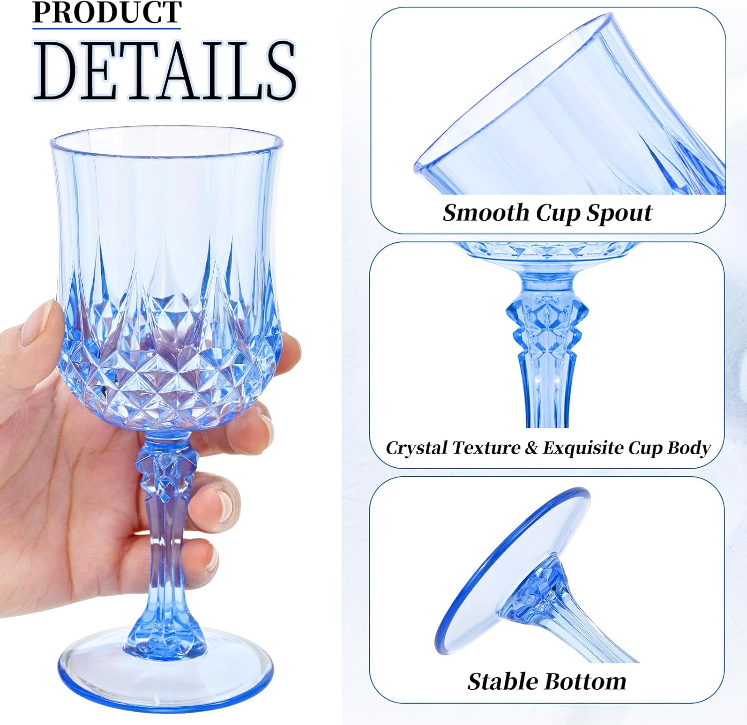 24Pack Blue Plastic Wine Glasses,Vintage Plastic Goblets for Parties, Light Blue Drinking Glasses Crystal Water Goblets Reusable for Wedding Reception, Grand Event Party Supplies