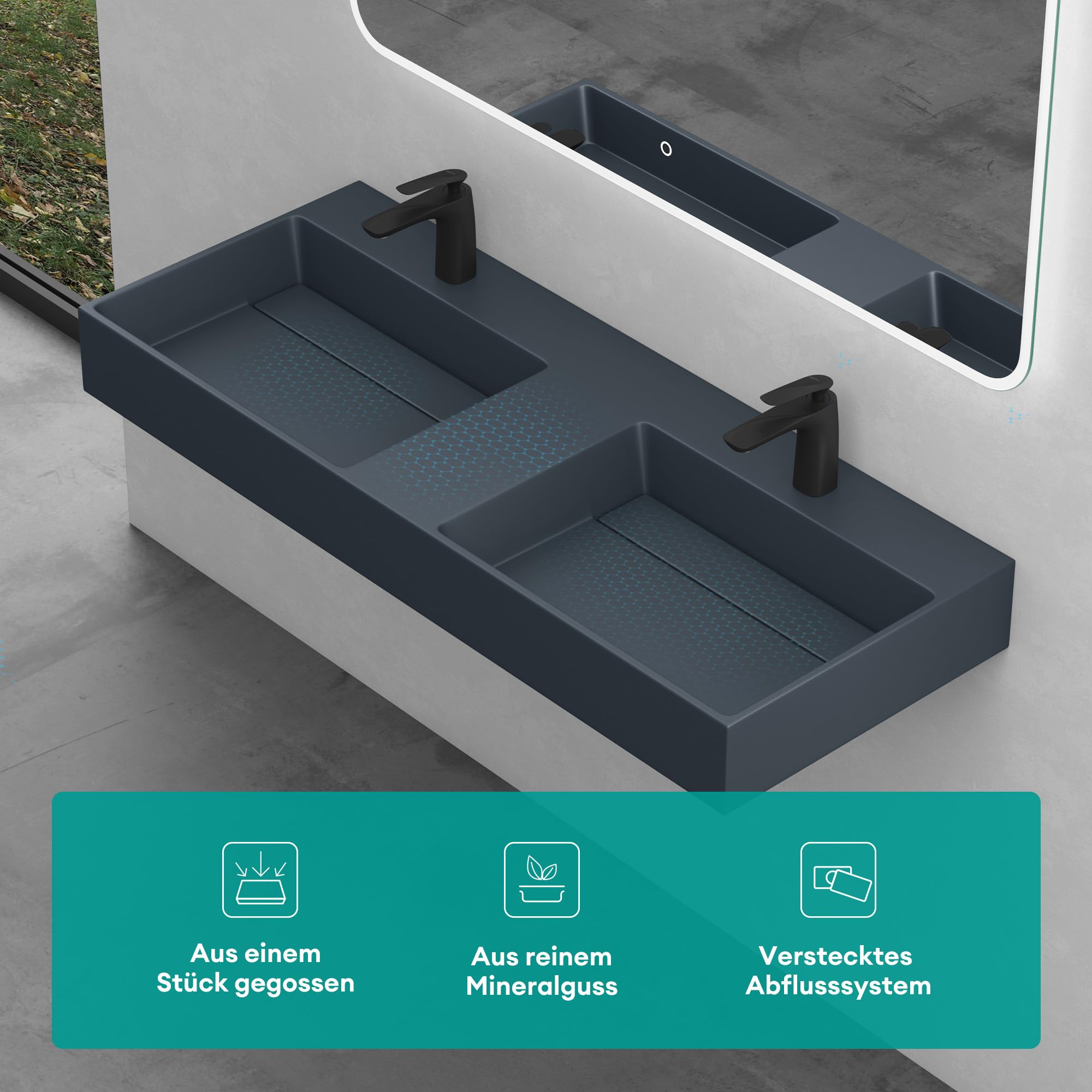 Mai & Mai Lavabo da Appoggio Doppio 120x48x13cm, Lavandino Bagno Colossum12 Lavabo da Minerale Fuso Senza Troppopieno, due Foro per Rubinetteria, Antracite
