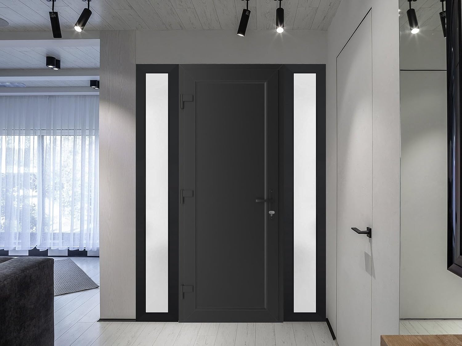 VDOMDOORS Front Exterior Prehung Metal-Plastic Door Frosted Glass | Manux 8111 Matte Black | 2 Side Sidelite Transoms | Residential Doors Entrance Patio Garage 68 x 80 (W16+36+16 x H80) Right-Inswing