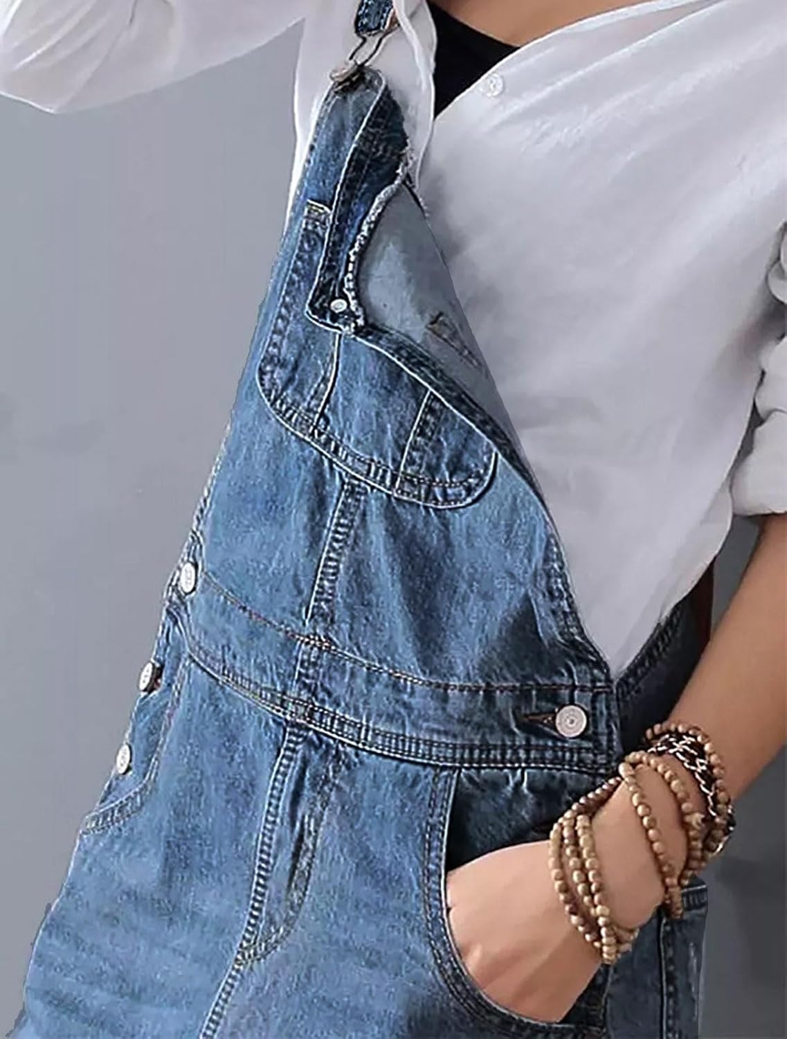 loveimgs Women Distressed Denim Overall Dress Bib Long Jean Jumper Ripped Adjustable Straps Patchwork Pinafore Dress - Image 4