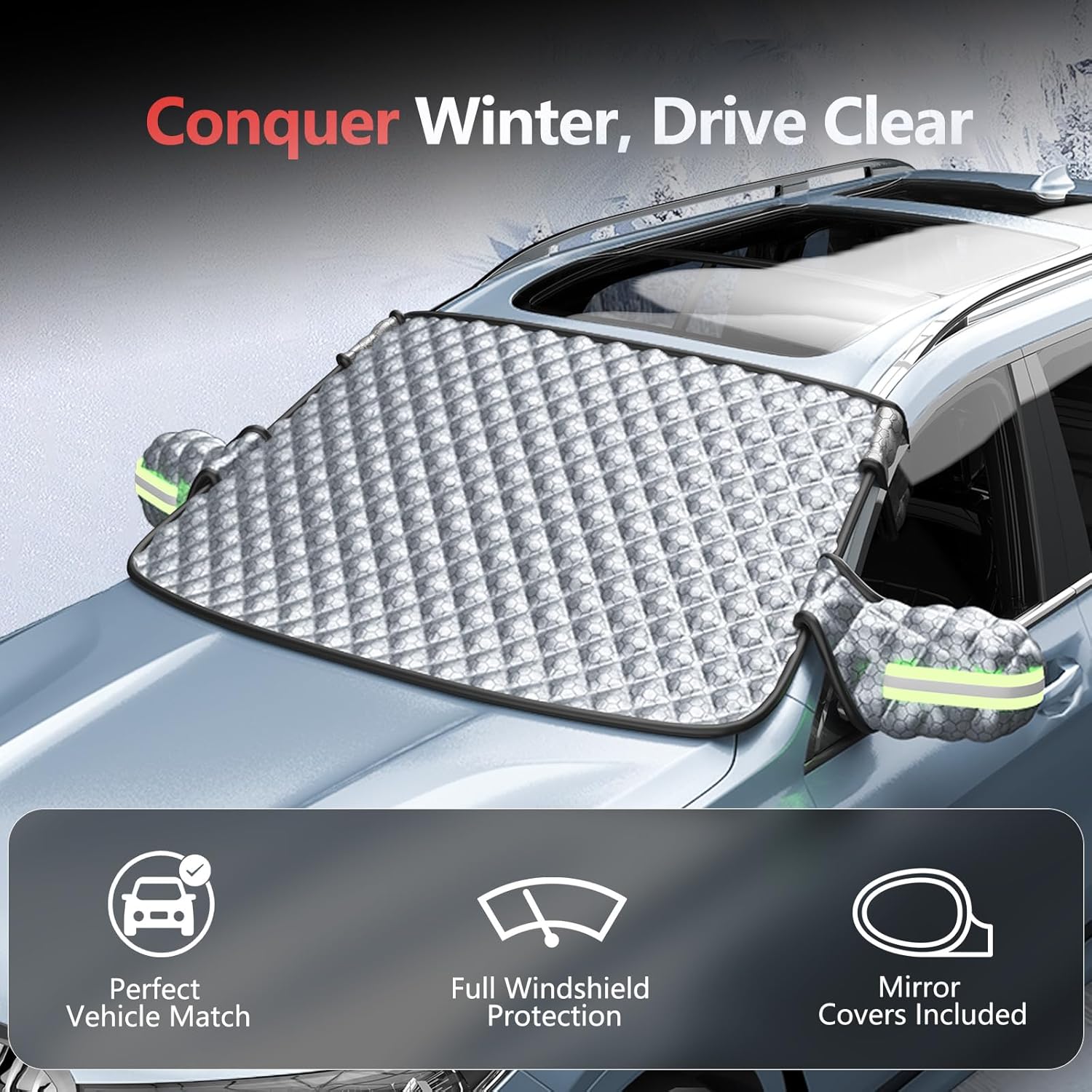 Windshield Snow Cover for Winter - Custom Fit Graphene Car Windshield Cover Outside for Ice, Snow & Hail Protection | Frost Guard with Storage Bag for SUV and Sedan (X-Large)