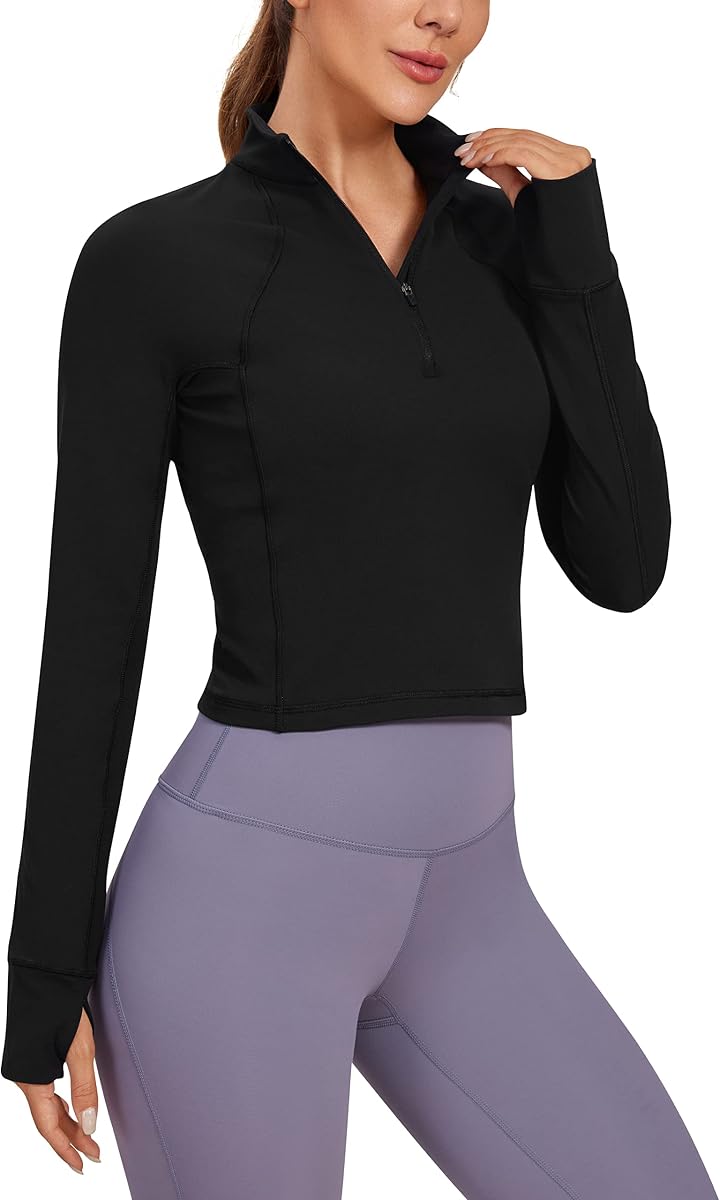 CRZ YOGA Top corto con media cremallera Butterluxe | Entrenamiento, extremadamente suave, ajuste delgado, orificios para los pulgares, bolsillo lateral, camisas de manga larga para mujer