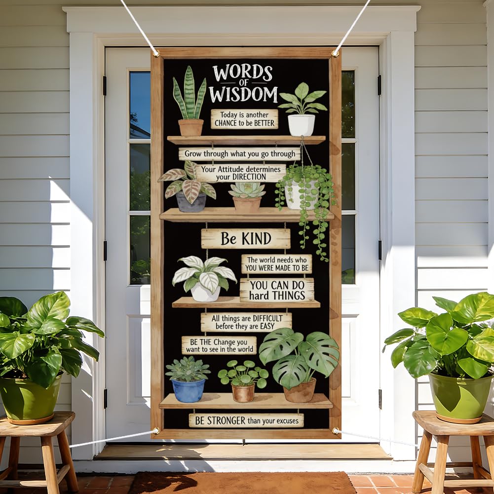 arricraft 1pc Polyester Door Decorative Cover, Green Plants and Inspirational Quotes Patterns Backdrop Banner Door Porch Sign Photography Background for Classrooms Decor 72.8x35.4 Inches