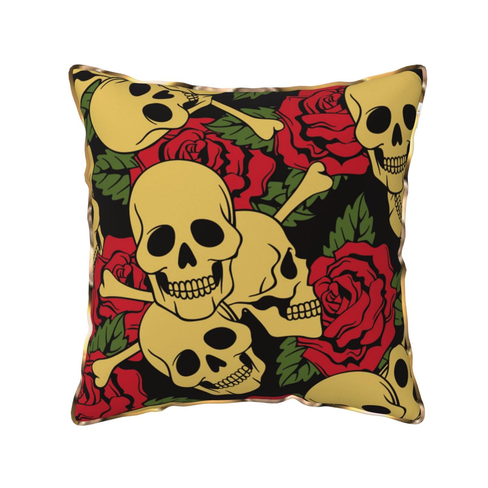AUBKFELD Rose and skull Printed Velvet Cushion Cover 45x45 CM with Gold Edging Strip, Square Pillowcase Soft Throw Pillow Covers Case Decorative for Living Room Sofa Couch Bed Bench