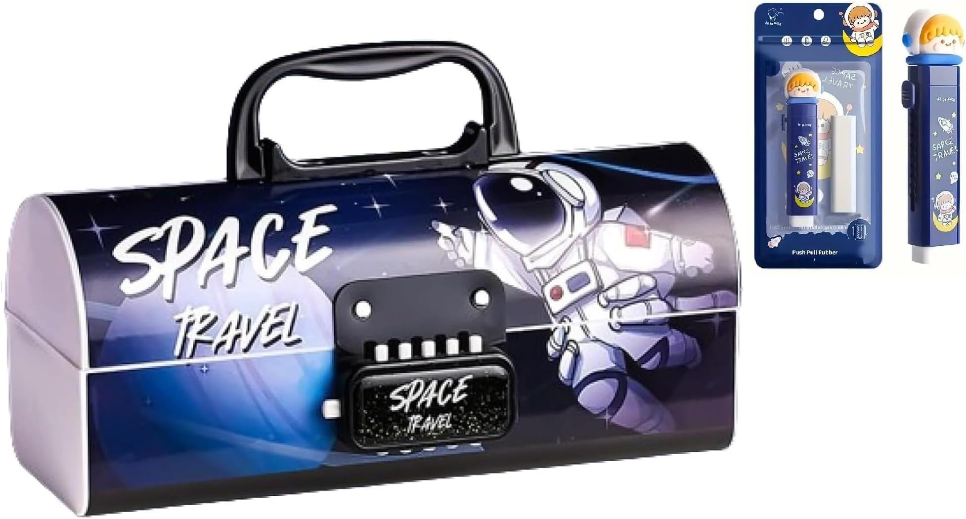Invite New Cartoon Theme Pencil Box with Push Pull Eraser Set for Kids | Suitcase Style Password Lock Stationery Organizer | School Supplies Gift Combo for Boys & Girls (Dark Space + Eraser)