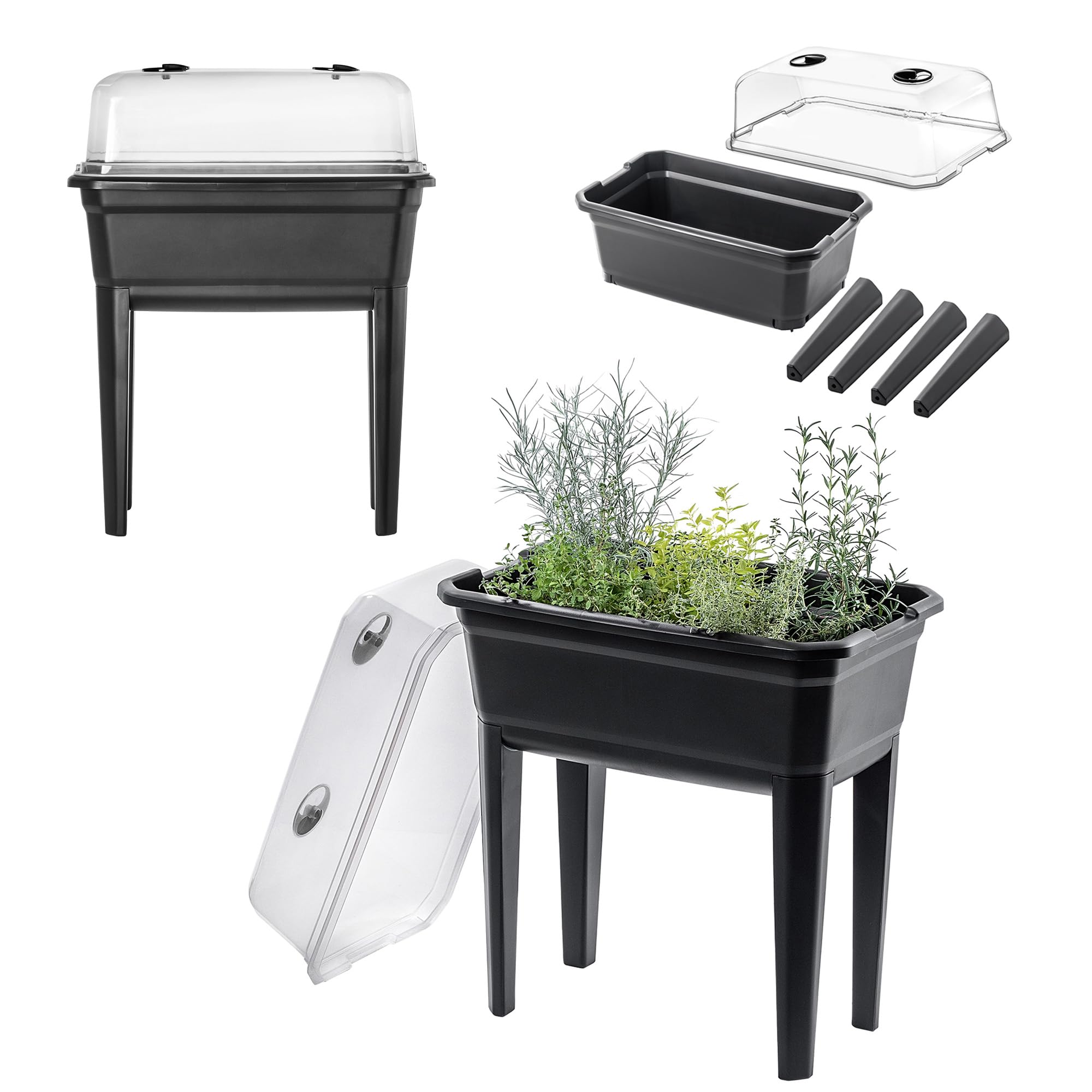 KADAX Gewächshaus auf Beinen, 30L aus Kunststoff, Anzuchttopf mit Abdeckung mit Lüftungsöffnungen, Kräuterbeet für Balkon Garten und Terrasse (Kunststoff 60cm, Anthrazit)