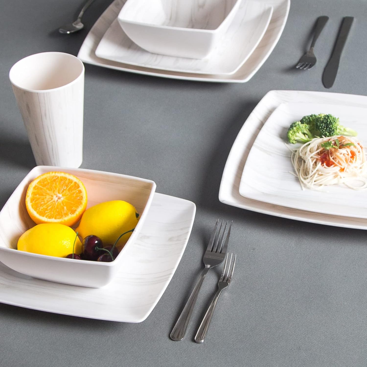 Melamine Dinnerware Set 16Pcs Wood-looking - Dish Dishware Square Mugs Tumbler Wood Grain Woodland Plastic Outdoor Plates Bowls Durable Service for 4 - Image 6