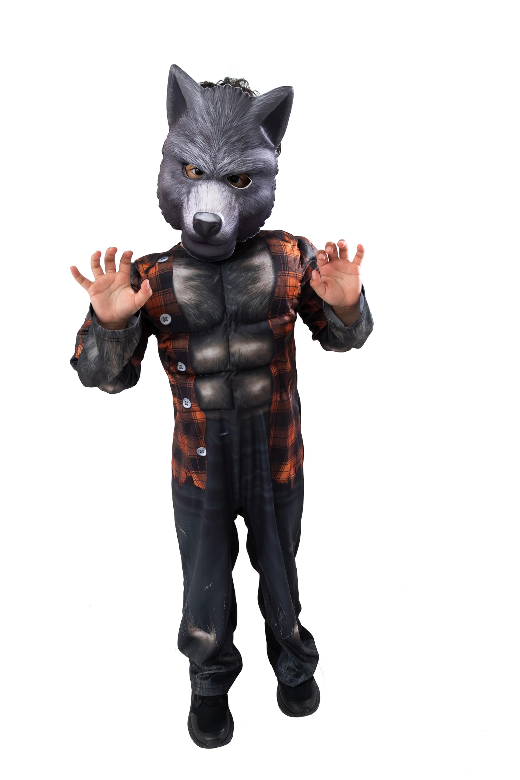 Boys Werewolf Halloween Costume with Muscle Chest & Eva Digit Printed Mask - Kids All-in-One Jumpsuit - 4-6 Years