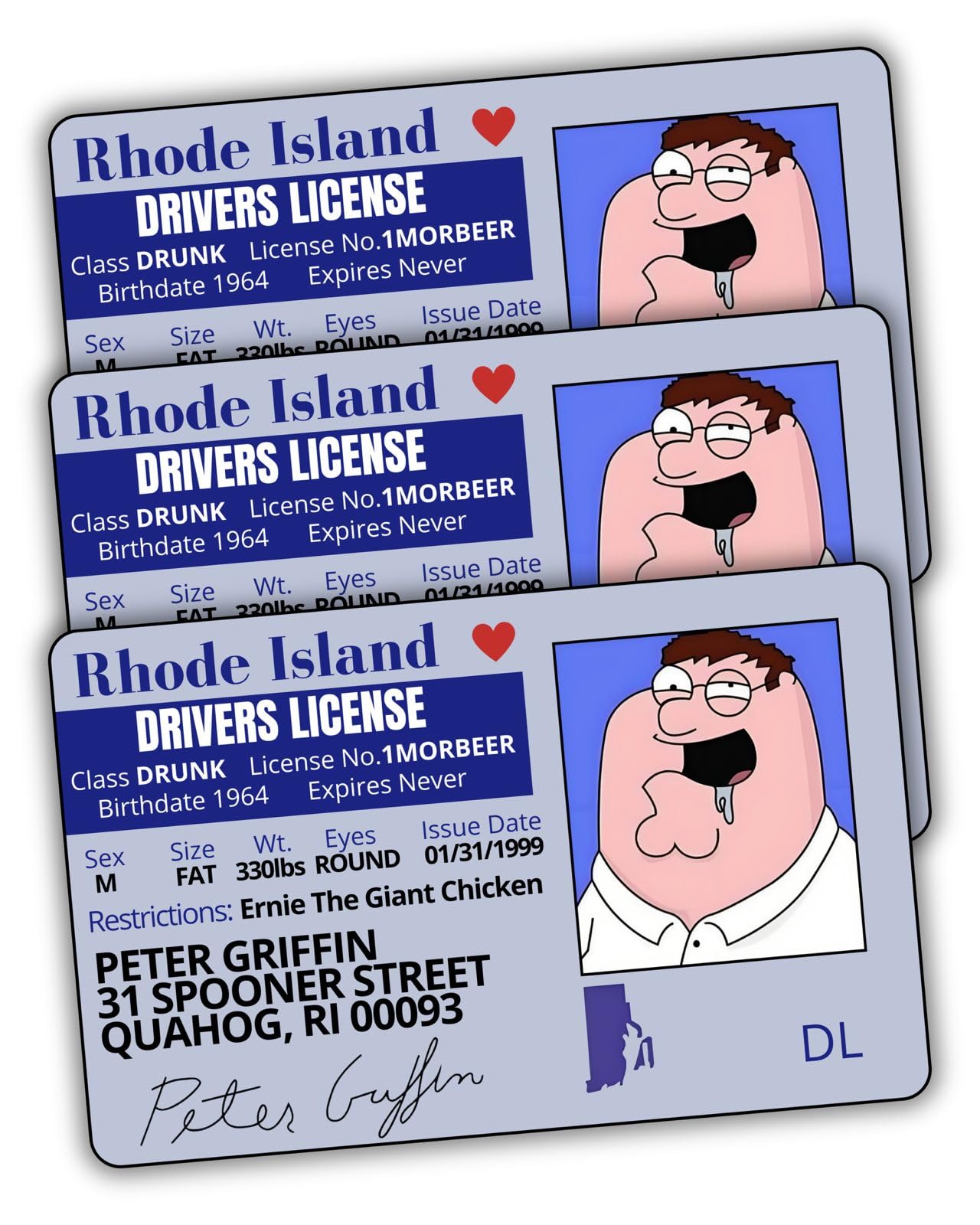 Pack of 3 Peter Griffin Driver License ID/Funny Plastic License/Family Guy Fans Complement for Costumes/Double Sided | Collectible Trading Card Driver’s License | Novelty Gift for Holidays