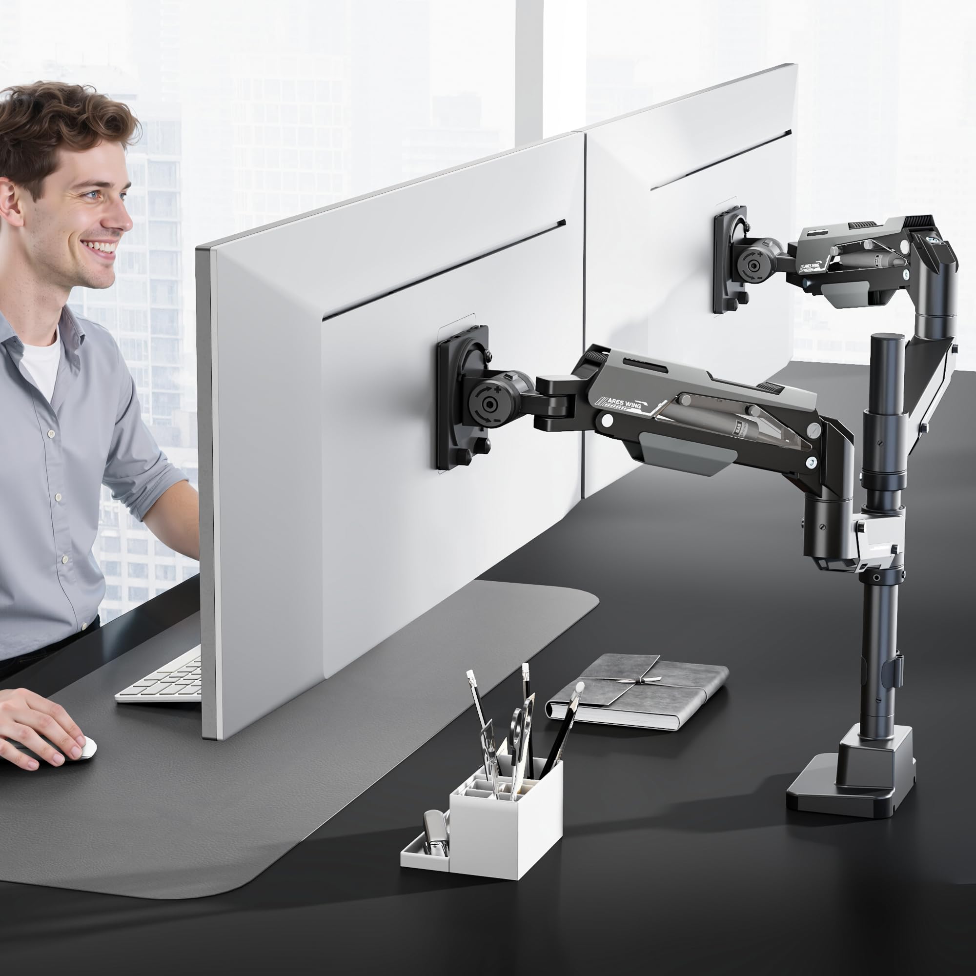 ARES WING Monitor Halterung 2 Monitore mit Stange, Schwarz | übereinander für 24-57 Zoll Bildschirme, bis zu 27/22 kg, Bildschirmhalterung 2 Monitore Höhenverstellbar, VESA 75/100/200