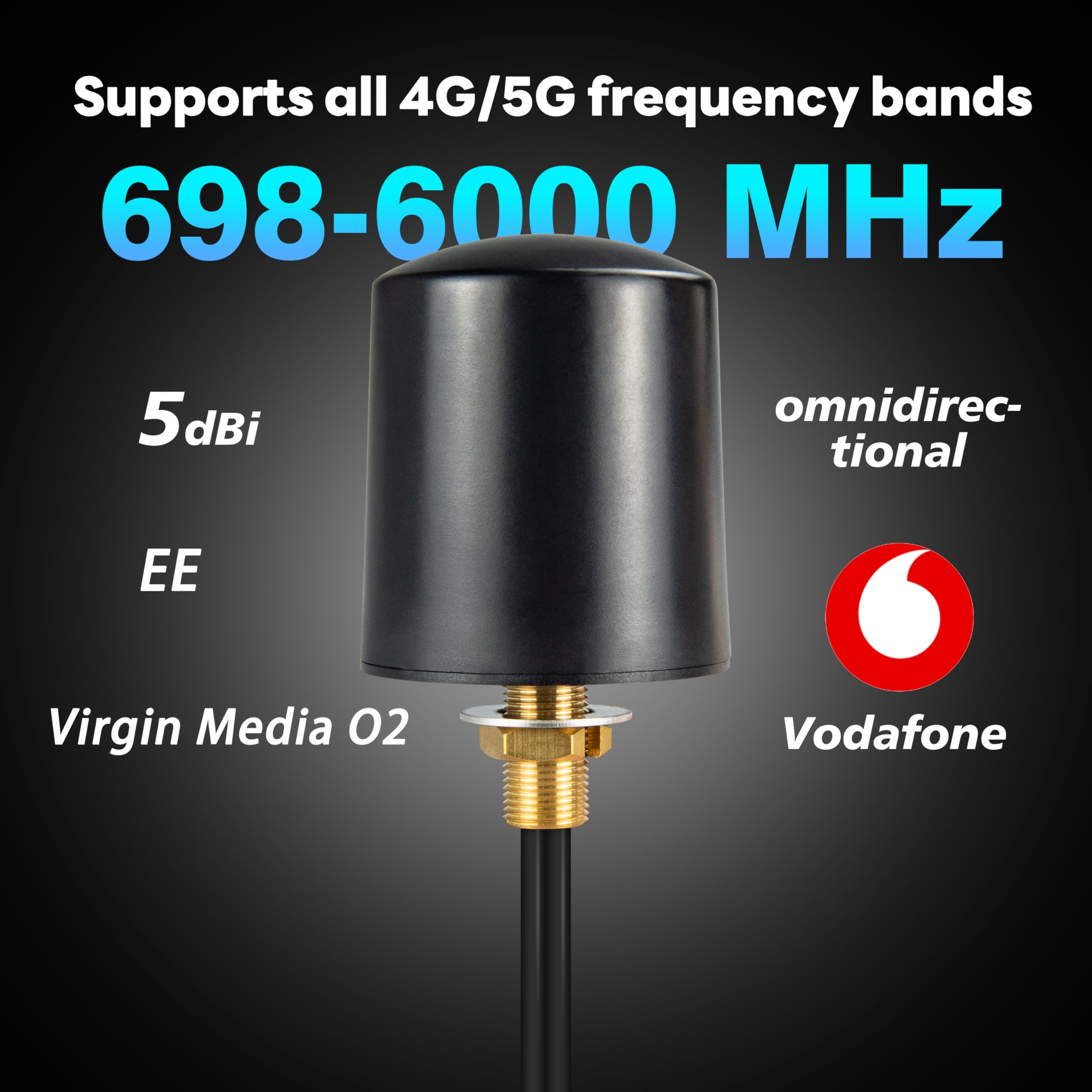Antenne extérieure 600-6000 MHz MIMO 5G LTE 4G 5G LTE Antenne externe omnidirectionnelle 5dBi avec 5 m double SMA mâle faible perte câble BMR100 et adaptateur SMA femelle vers TS9 mâle pour