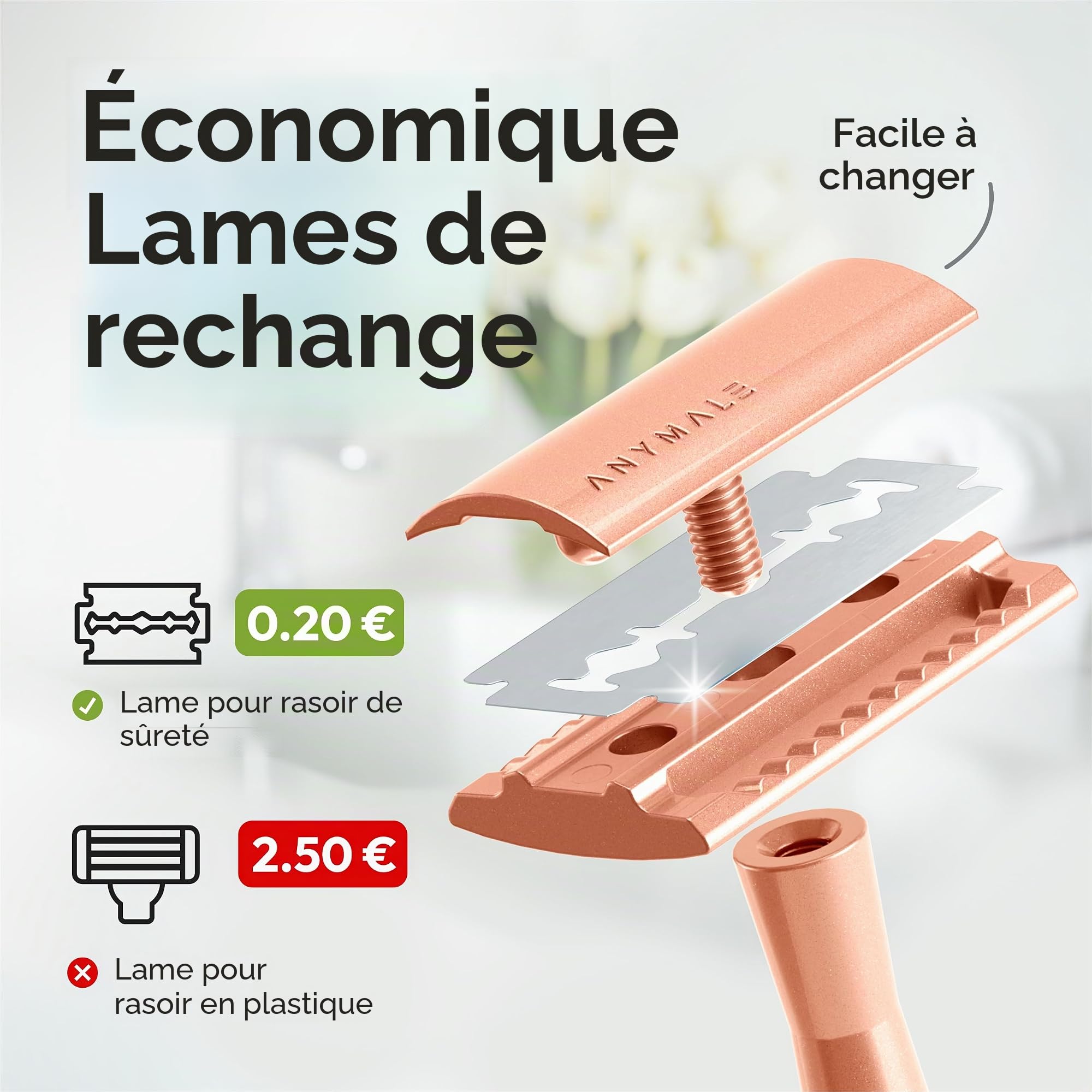 Rasoir de Surete Or Rose - Set femme avec support et 5 lames ASTRA - Rasoir métallique sans plastique