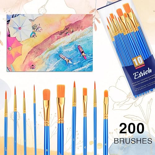 Miniatura 3 de ESRICH Juego de pinceles de pintura acrílica, 20 paquetes200 pinceles de nailon para el cabello, juego de pinceles de pintura adecuados para óleo,