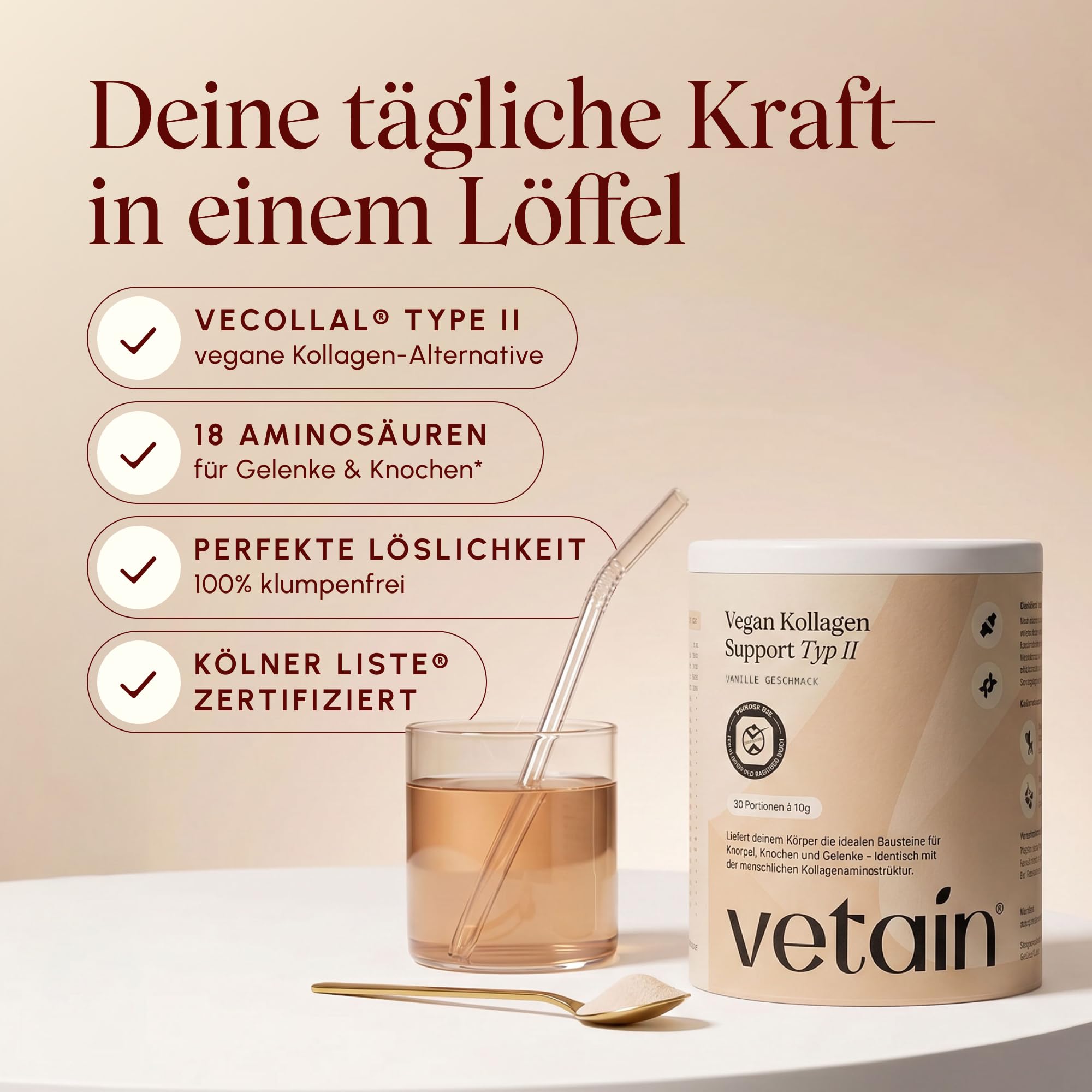 VETAIN Colágeno vegano tipo 2 [300 g] – Con VeCollal, cúrcuma, vitamina C, zinc y biotina, para huesos y articulaciones, sin azúcar añadido, producido en Alemania, sabor a vainilla