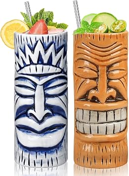 Tiki Ceramic Mugs Set of 2 Hawaiian Glasses with Straws 15oz Handcrafted Unique Design for Parties