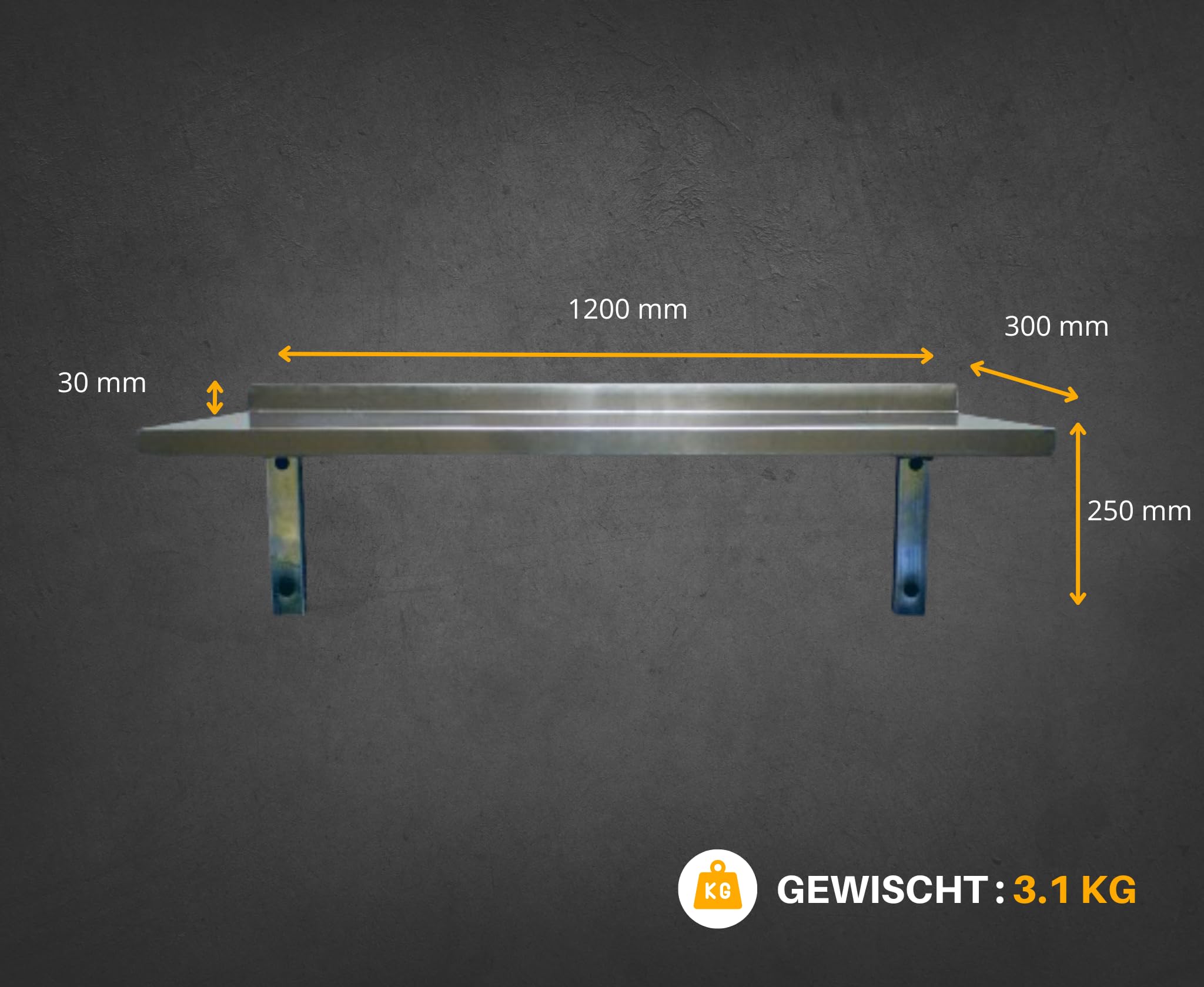 L2G - Wandregal - Edelstahlkonstruktion - Aufkantung 30 mm - Geschweißte Halterung aus Rohrstahl 25 x 25 mm - L.1200 x B.300 mm - Gesamthöhe 250 mm