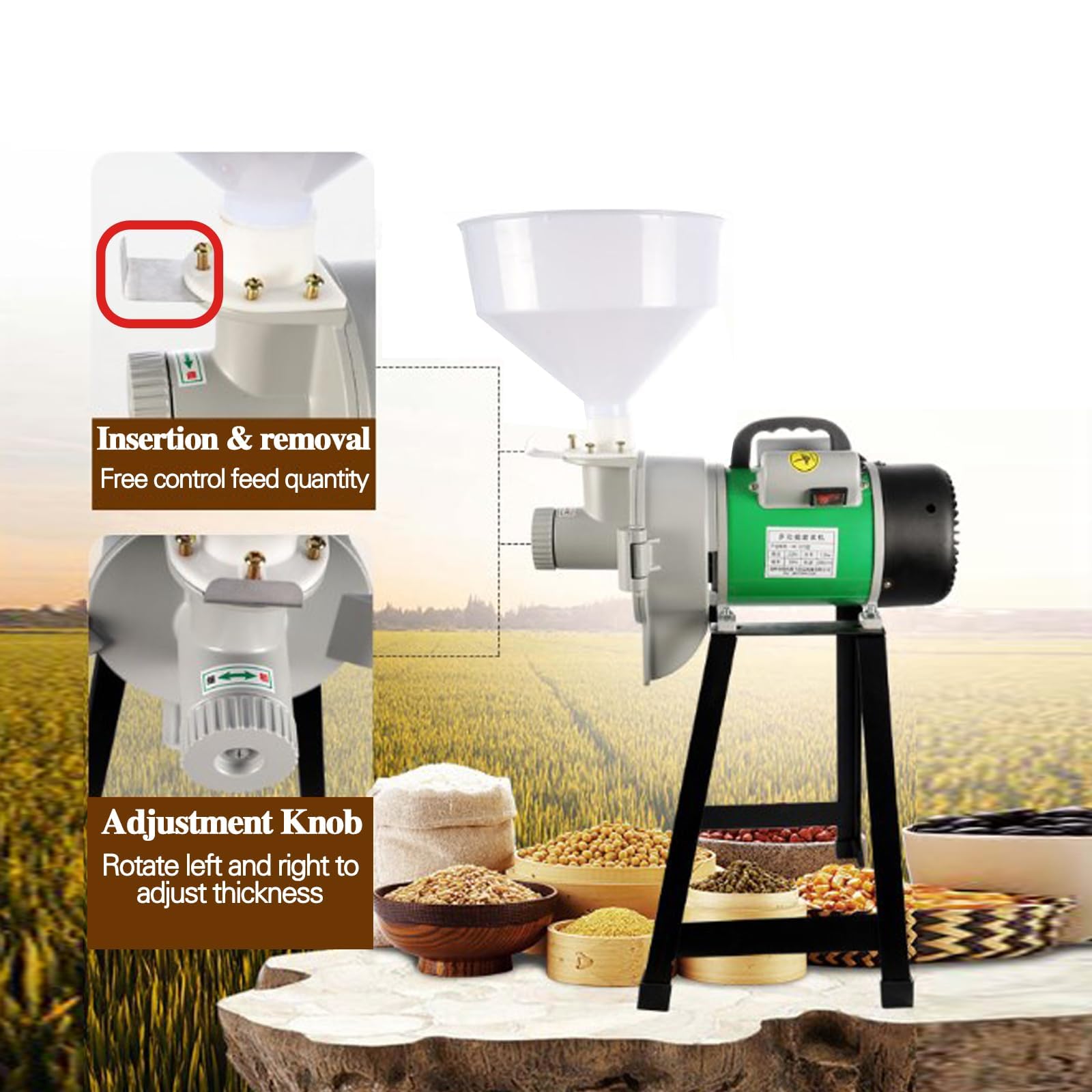 Broyeur À Grains Électrique Commercial en Acier Inoxydable avec Entonnoir 28000 Tr/min 60 Kg/h Moulin Céréales pour de Riz Café Blé Maïs Cuisine Domicile Restaurant