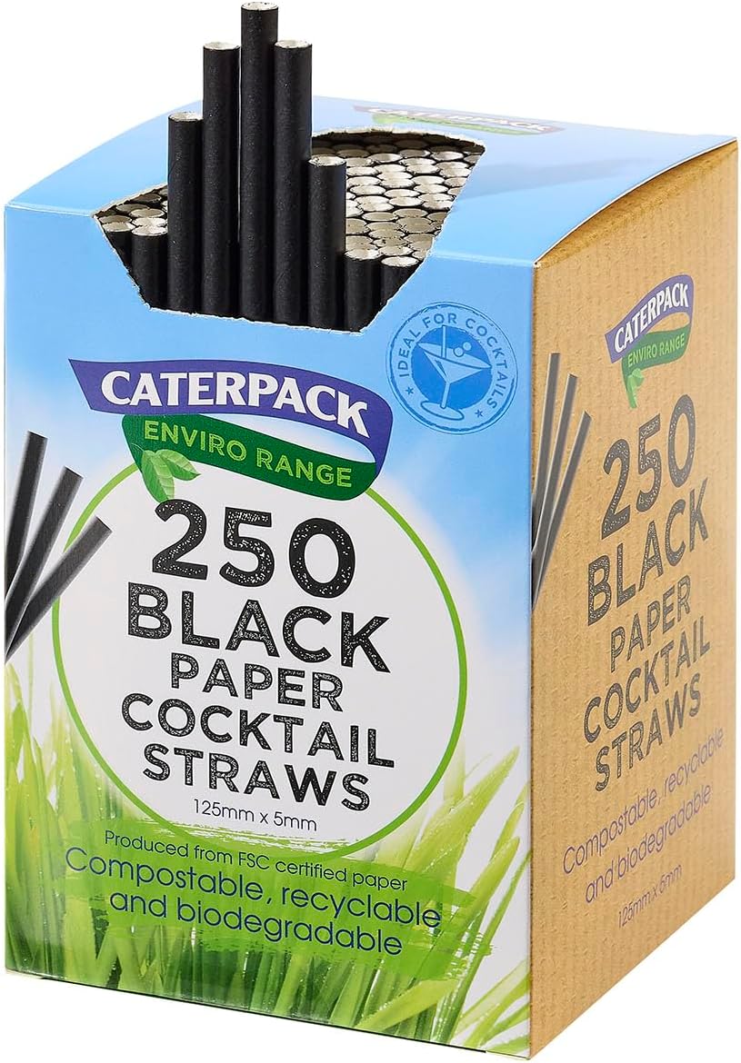 Caterpack Enviro Range Paper Cocktail Straws 250 Pack, 125 x 5mm, Ideal for Cocktails, Fully Recyclable, Biodegradable and compostable. Strong & Sustainable.