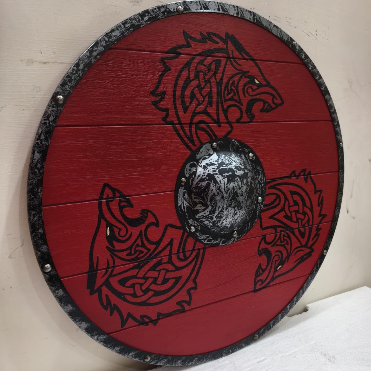 Nautical Replica Hub Bouclier viking en bois 3 dragons Mythologie nordique Valhalla Bouclier viking médiéval guerrier bataille usé bouclier
