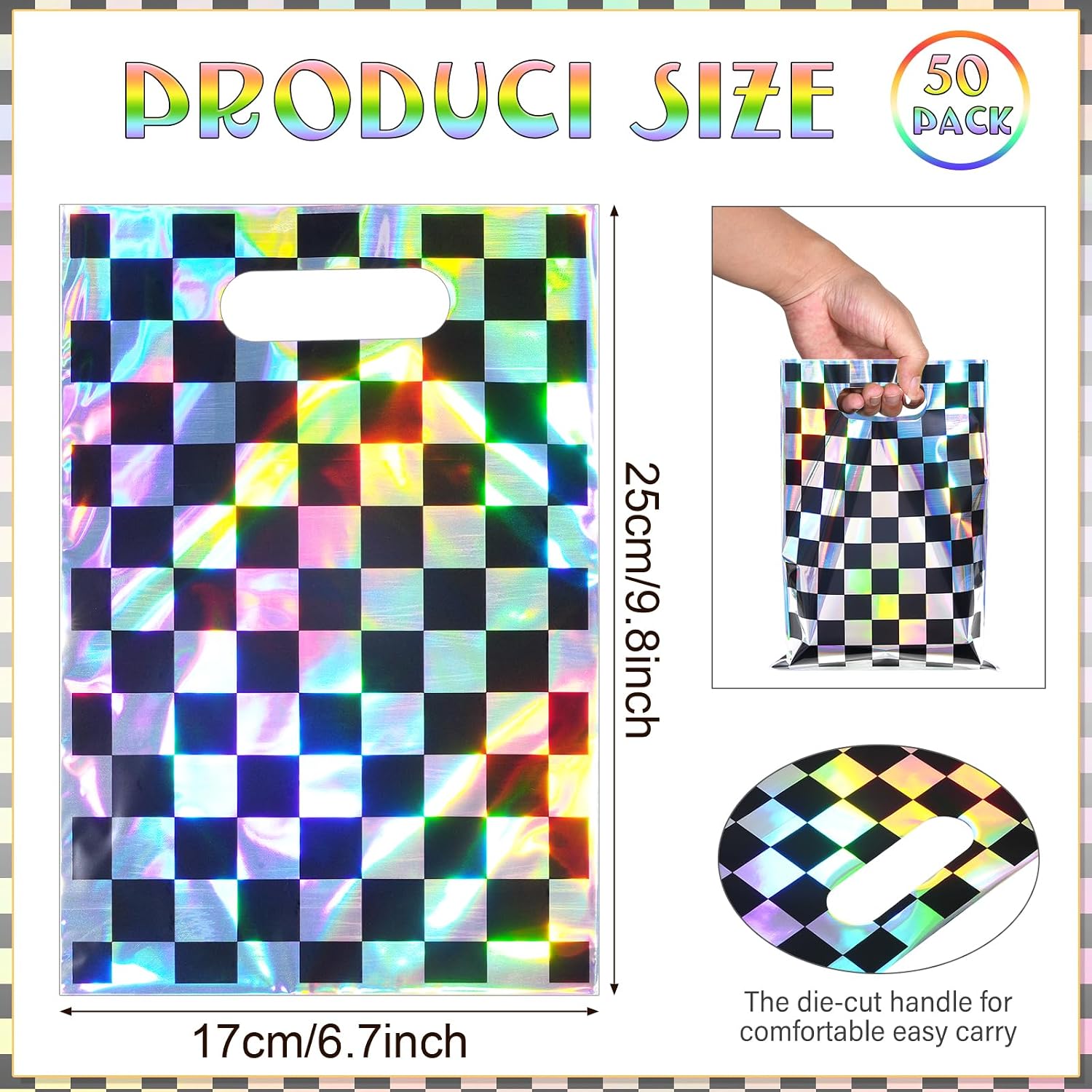 FunnyPars 50 Pcs Iridescent Checkered Race Car Party Favor Bags, Plastic Black and Iridescent Car Goodie Treat Bags, Racecar Laser Plaid Gift Bags for Kids Fast Race Car Birthday Party Decorations