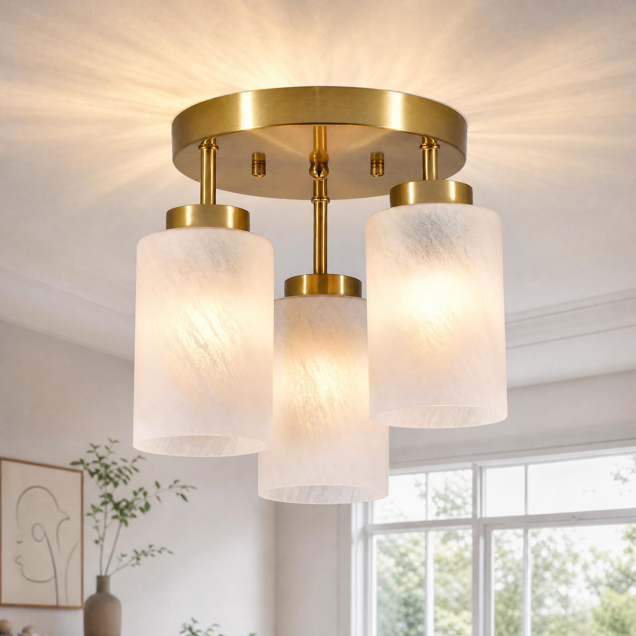 Gold Ceiling Light Fitting 3-Light Glass Semi Flush Ceiling Lights Modern