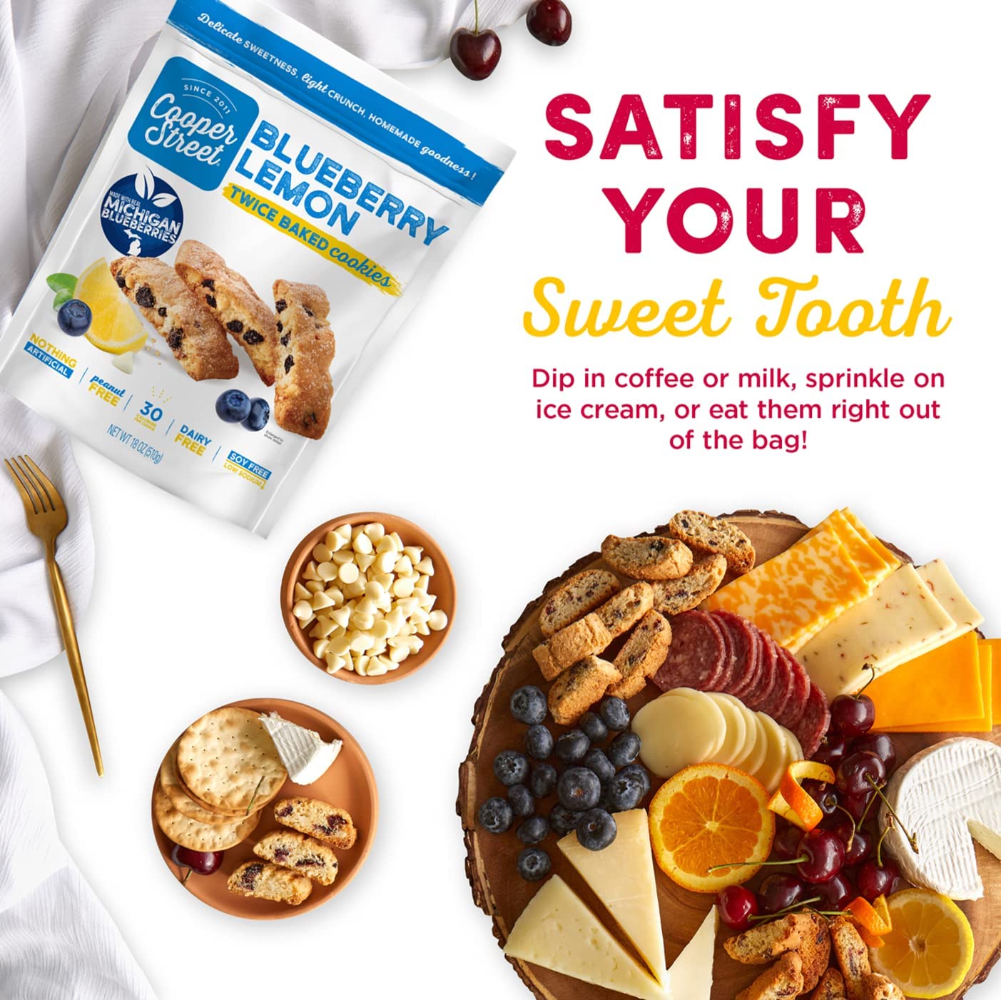 Cooper Street Cookies All Natural Twice Baked Crispy Cookie, Peanut & Dairy Free, Biscotti Style 18oz, Blueberry Lemon (Pack of 3)