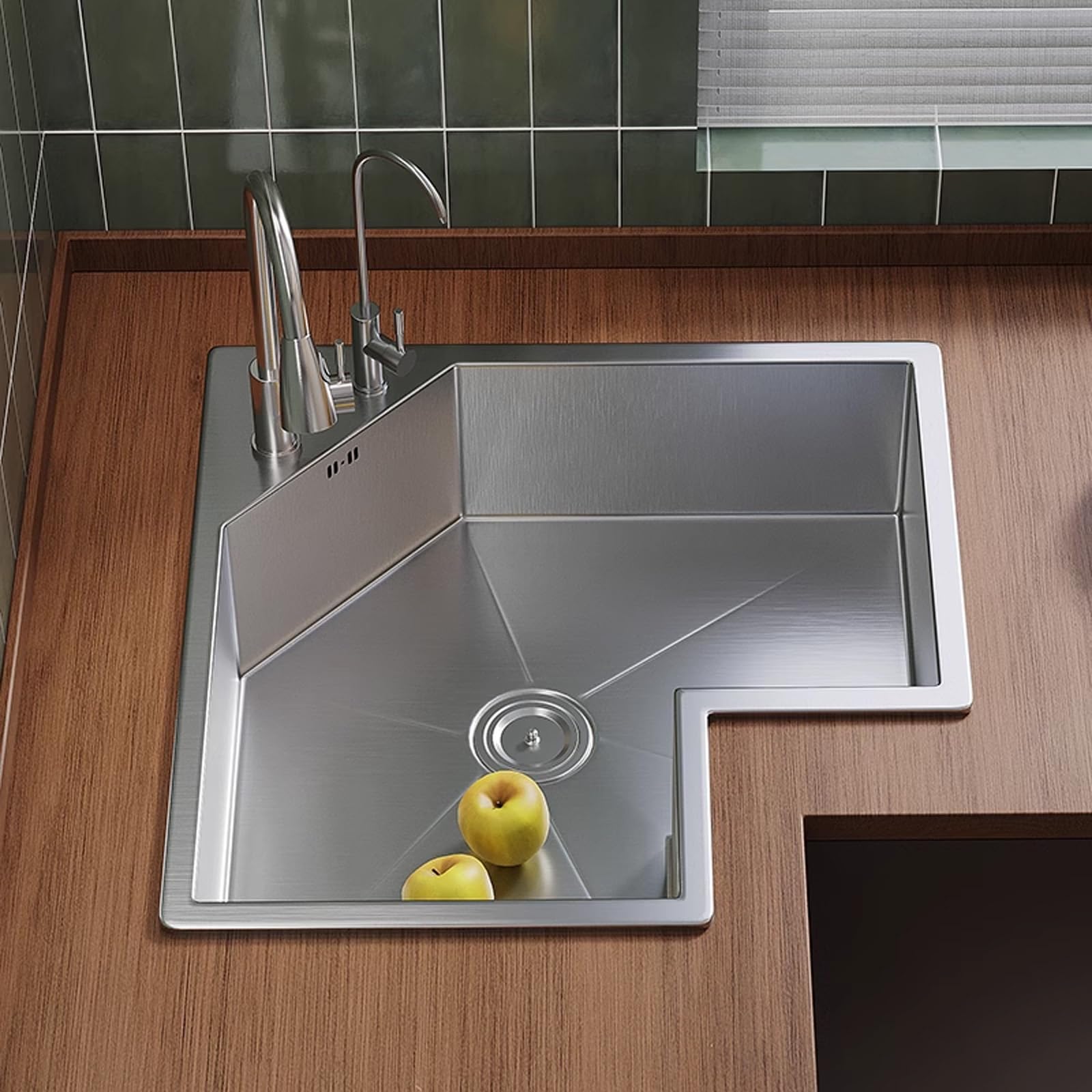 Fregadero de cocina en forma de L, multifuncional de acero inoxidable 304 de una sola cuenca con grifo giratorio de 360° para lavar platos y limpiar verduras