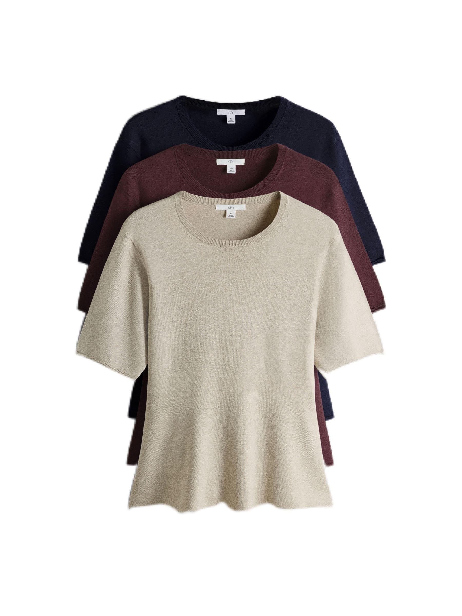 THE SET Femme T-Shirt à Basque en Maille Fine, Lot de 3 | Coupe standard