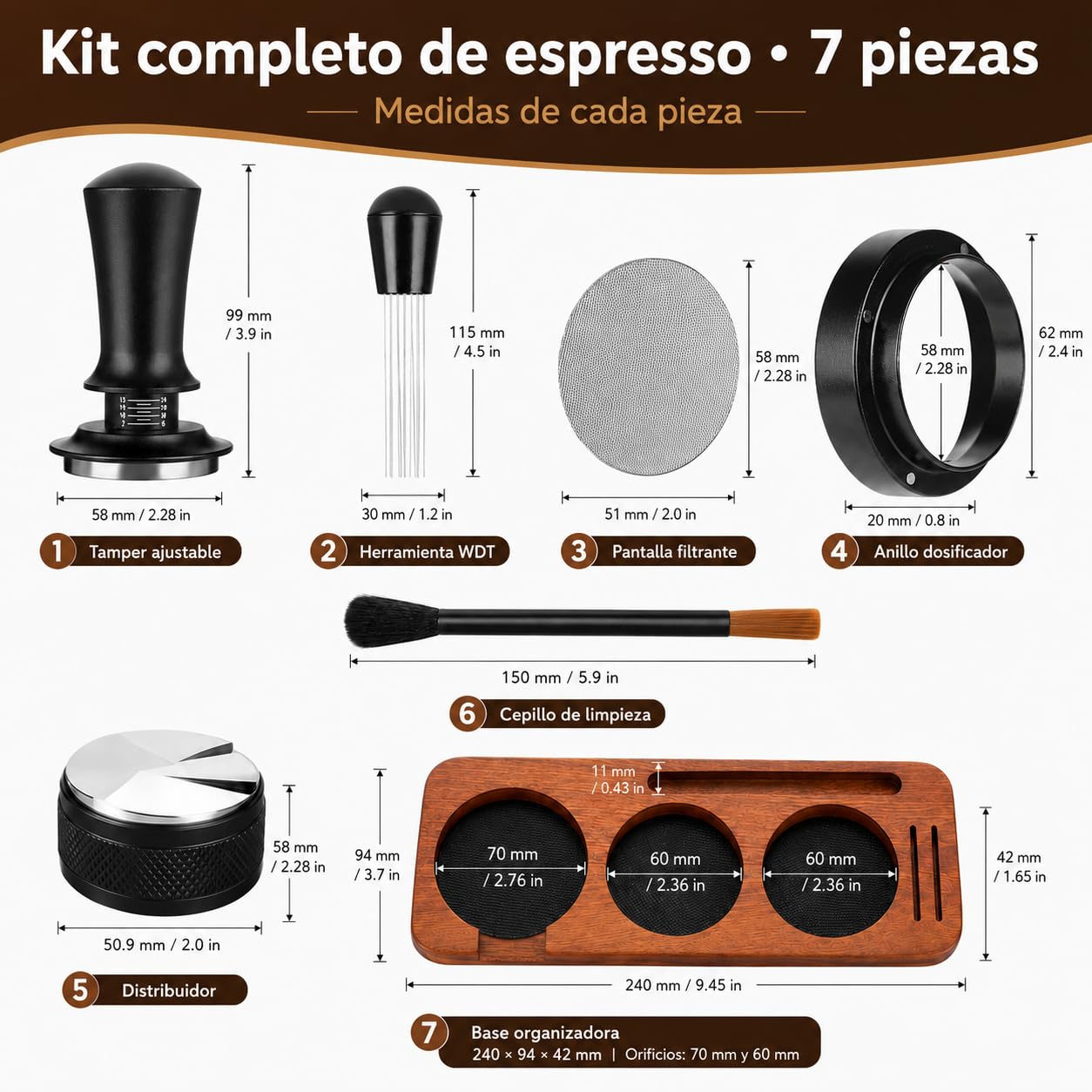 Set de 7 Accesorios para Café Espresso con Tamper, WDT y Base de Madera (58mm)