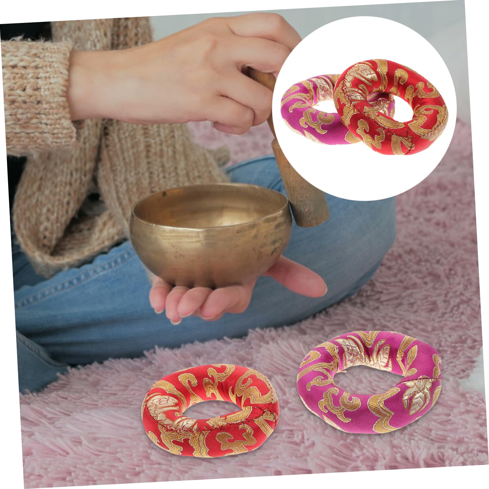 Hoement Buddha Sound Bowl Cushions 2-Pack 2.95 Inch Cotton Meditation Pads with Buddhist Symbol for Tibetan Singing Bowls Lightweight Durable - Image 2