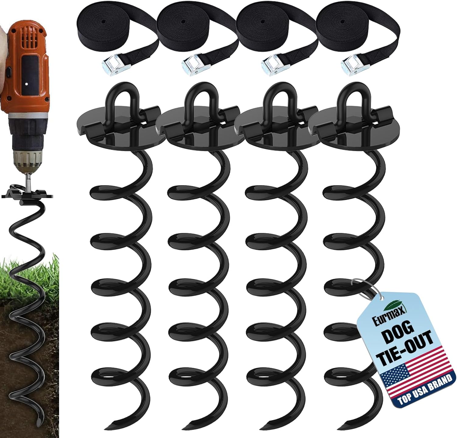 Heavy-Duty 4-Pack Spiral Stakes & Tie Downs for Trampolines & Tents Heavy-Duty 4-Pack Spiral Stakes & Tie Downs for Trampolines & Tents