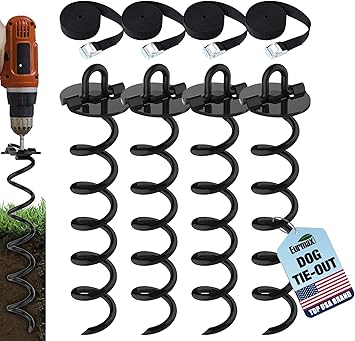 Eurmax USA 4-Pc Pack Spiral Stakes Heavy Duty Anchor Kit Ice Screw Anchor for Trampoline, Tents, tarps, Canopies,car Ports,Dog tie Out and etc Bonus Tie Down Straps 4-Pc Pack Black