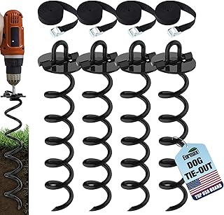 Eurmax USA 4-Pc Pack Spiral Stakes Heavy Duty Anchor Kit Ice Screw Anchor for Trampoline, Tents, tarps, Canopies,car Ports,Dog tie Out and etc Bonus Tie Down Straps 4-Pc Pack (Black)