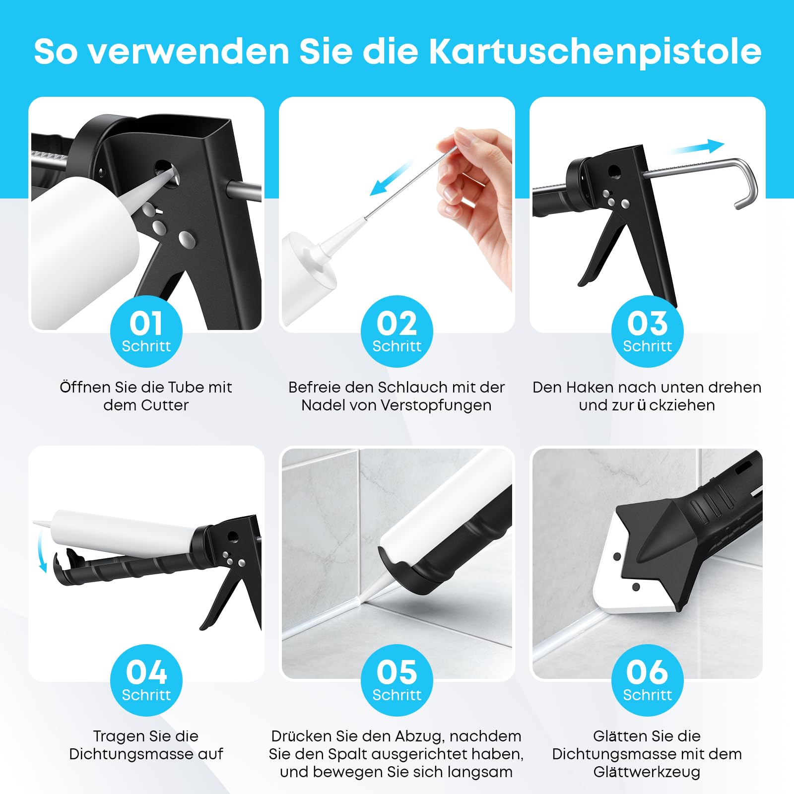 Professional Caulk Gun Kit mit Caulk Remover Tool & Putty Messer, 5 in 1 Caulking Tool Set, für die Entfernung von Caulking, Dusche und Badezimmer Caulk.