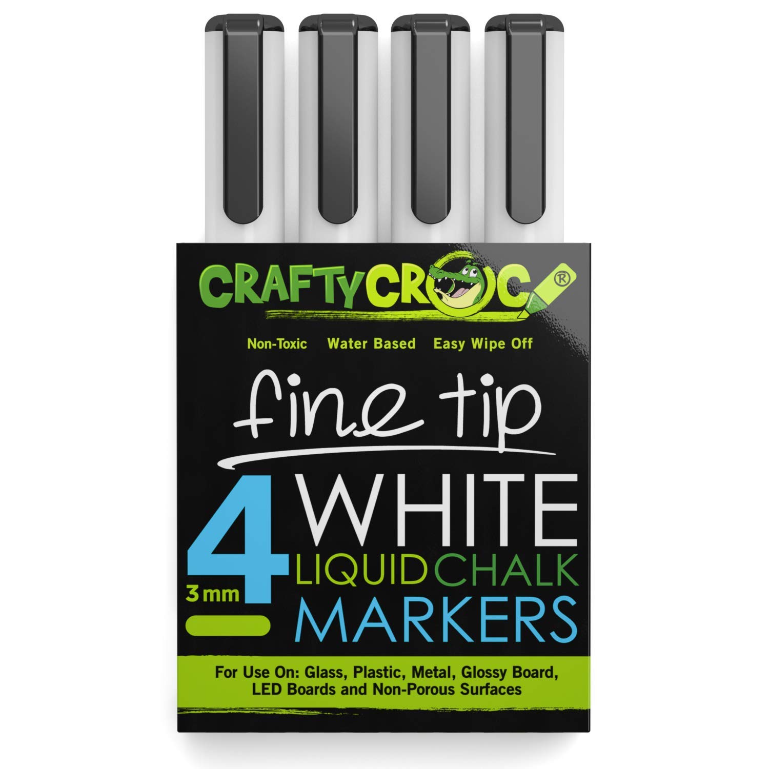 Crafty Croc Fine Tip Chalk Markers - (Precise 3mm Tip, 4 White) - Erasable Dustless Liquid Chalk Ink Pens, Water-Based, Non-Toxic