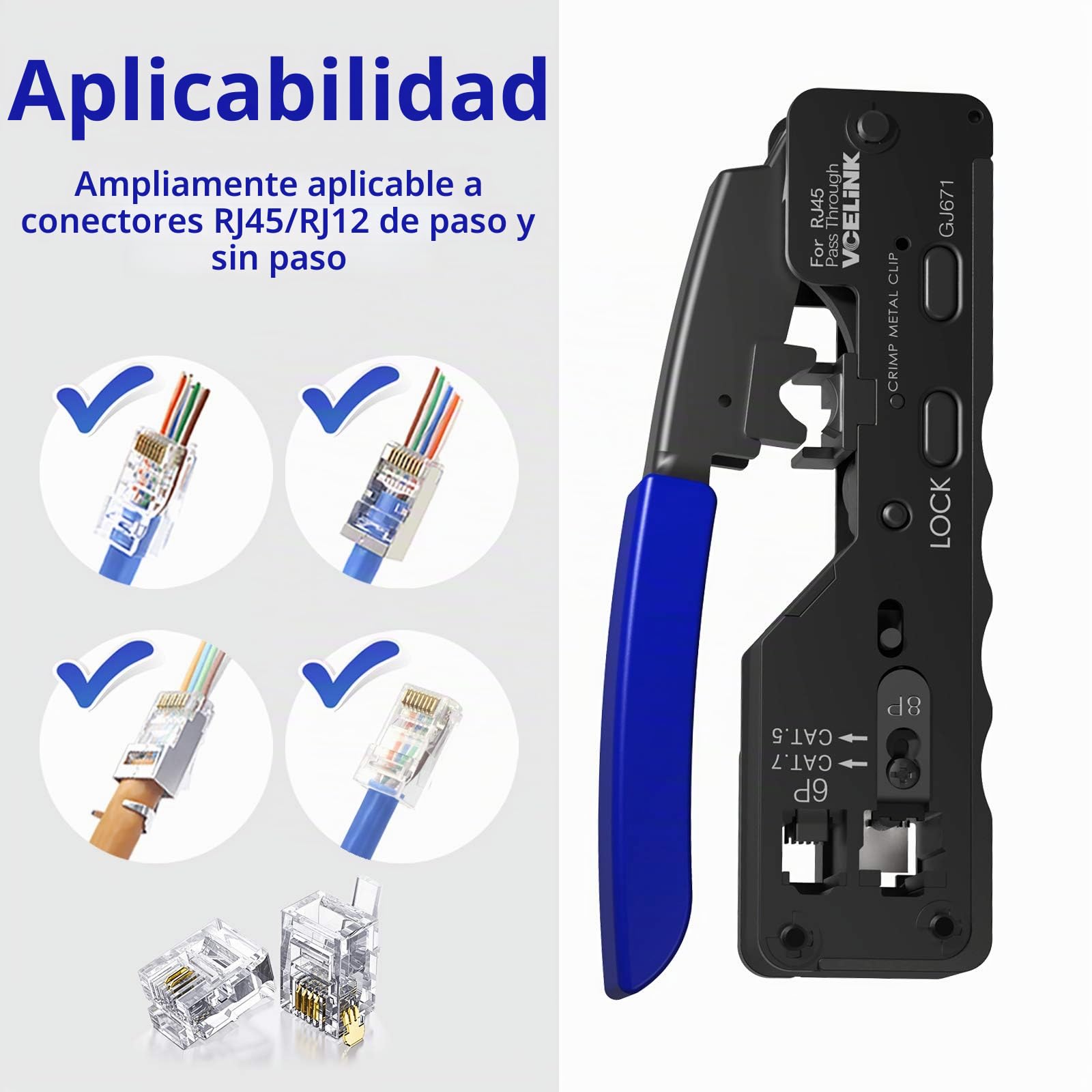 VCELINK GJ671 Kit de Crimpadora RJ45 Profesional Compatible con CAT7/CAT6A/CAT6/CAT5E/CAT5, Incluye Comprobador RJ45, Pelacables, 20 x Conectores RJ45, Alicates de Corte, Hojas de Repuesto | Crimpadora RJ45, 20 conectores RJ45, Cat7 Pass Through, comproba