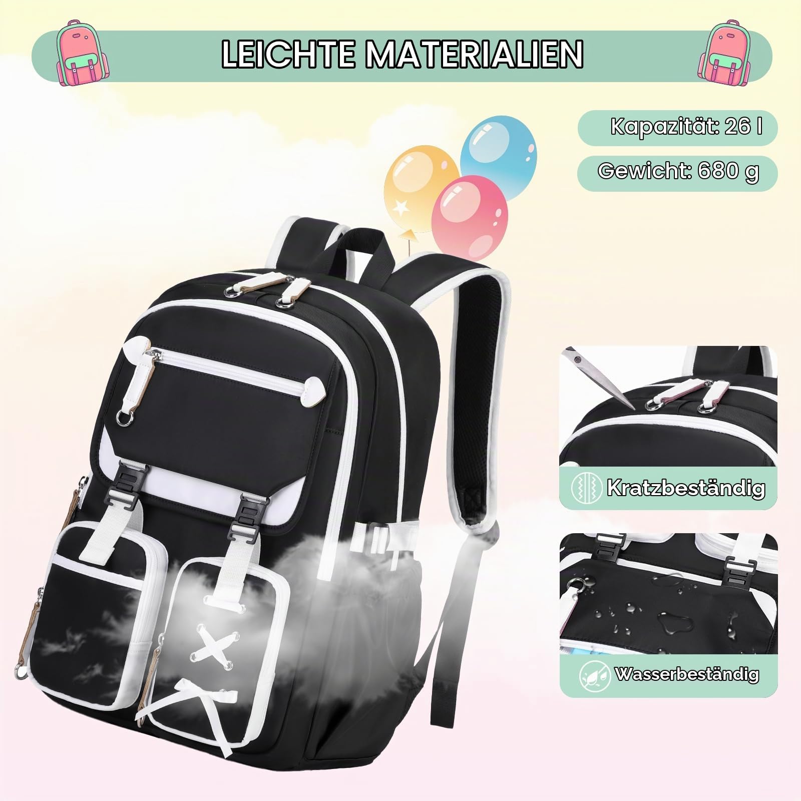 Tanou Schulrucksack Mädchen Teenager 3-tlg für Schule Reisen, Weiß Schwarz | Lässiger Schulranzen mit Lunchpaket Mäppchen für Mädchen 3. bis 7. Klasse, Stilvoll Mehrere Fächer Kinder Schultasche