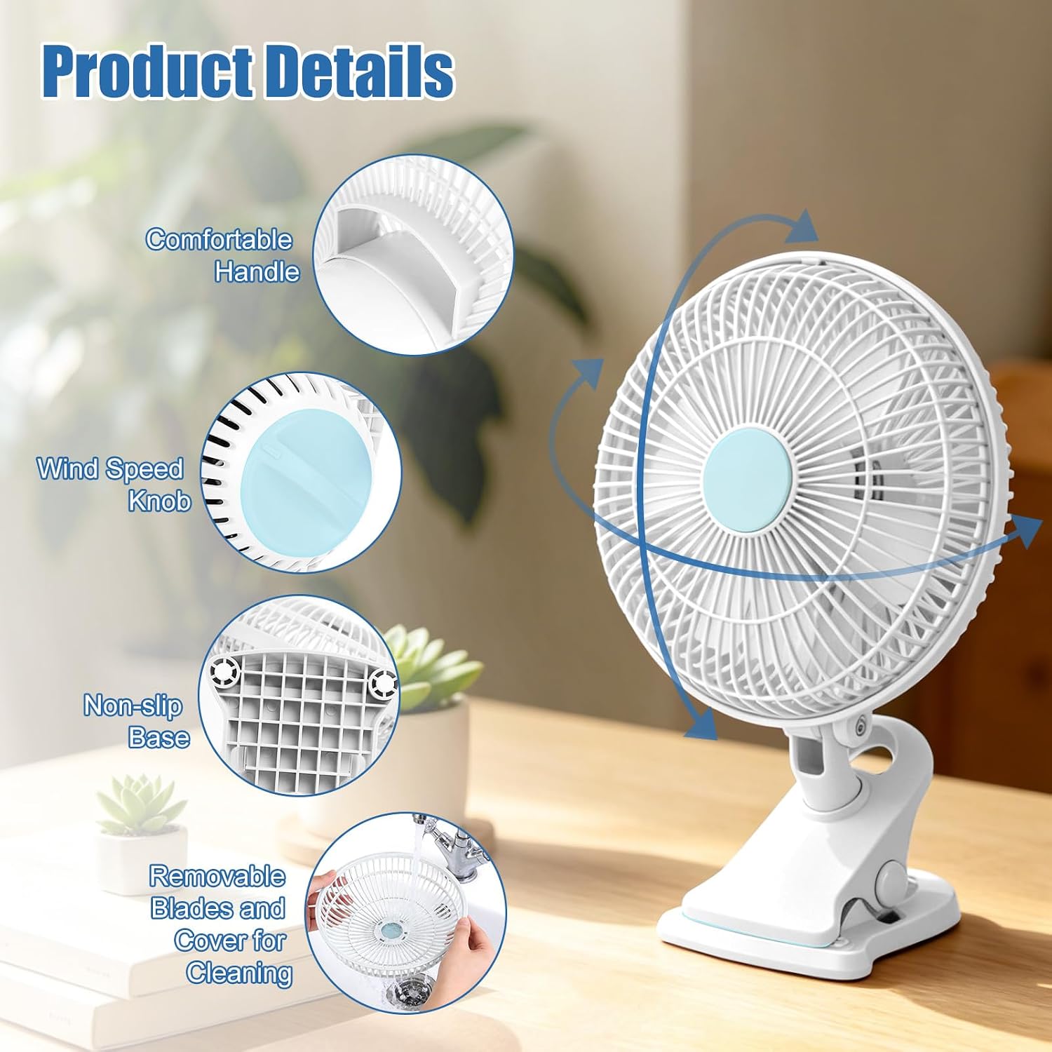 Clip On Fan, AC 110V 8.66inch Adjustable Clip Table Fan, Quiet Clamp Fan | 2 Wind Speeds, 4ft Cord, 90°Oscillating & Tilting Angle Desktop Wall Mount for Home Office Dorms Strollers