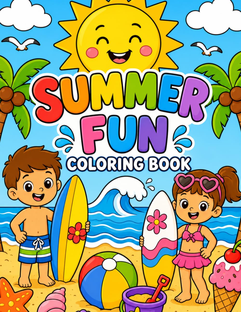 Summer Fun Coloring Book: Disegni Estivi da Colorare con Spiaggia, Gelati, Palme, Onde, Tavole da Surf e Divertimento al Mare