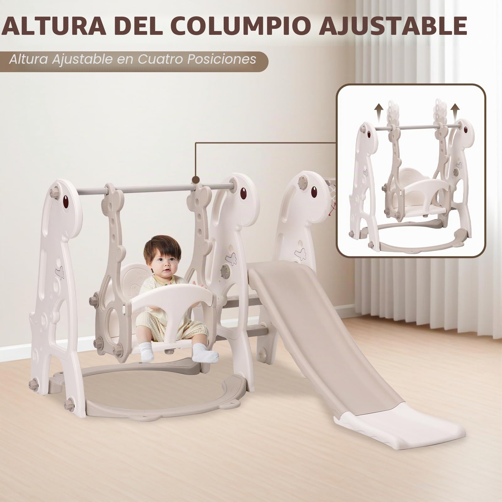 Toboganes Infantiles Exterior e Interior Juego Completo para Niños con Tobogán Canasta de Baloncesto y Columpio Ajustable en Altura (Gris)