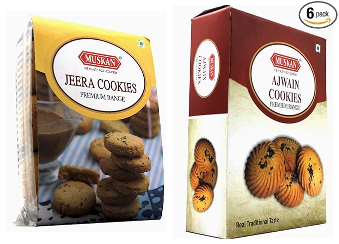 MUSKAN Combo of Handcrafted Cookies Biscuits - 350g EACH | Pack of 6 [3 Ajwain + 3 Jeera]