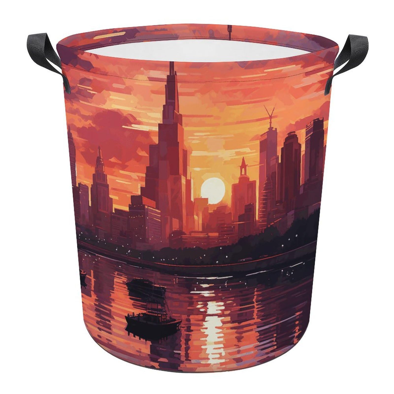 Panier à linge pliable au motif paysage urbain coucher du soleil pour chambre