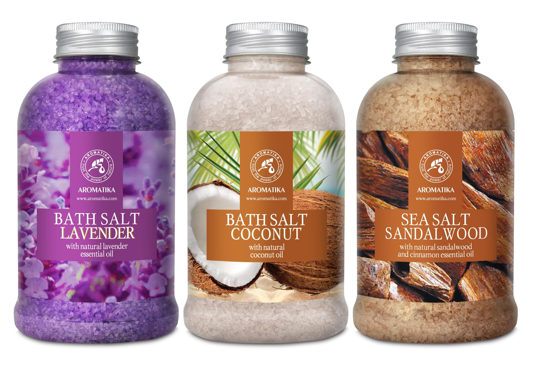 Sales Marinas de Baño Set Lavanda & Coco & Sándalo 3х600g - Sal Marina con Aceite esencial de Lavanda - con Aceite de Coco Natural - Aceite de Sándalo y Canela - Cuidado del Cuerpo - Aromaterapia