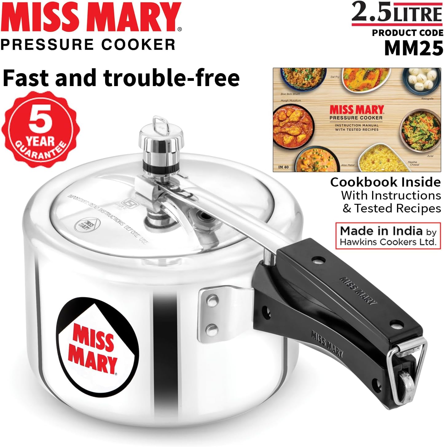 Hawkins Miss Mary Pressure Cooker with a '5 Year Guarantee' badge and text indicating 'Cookbook Inside With Instructions & Tested Recipes'.