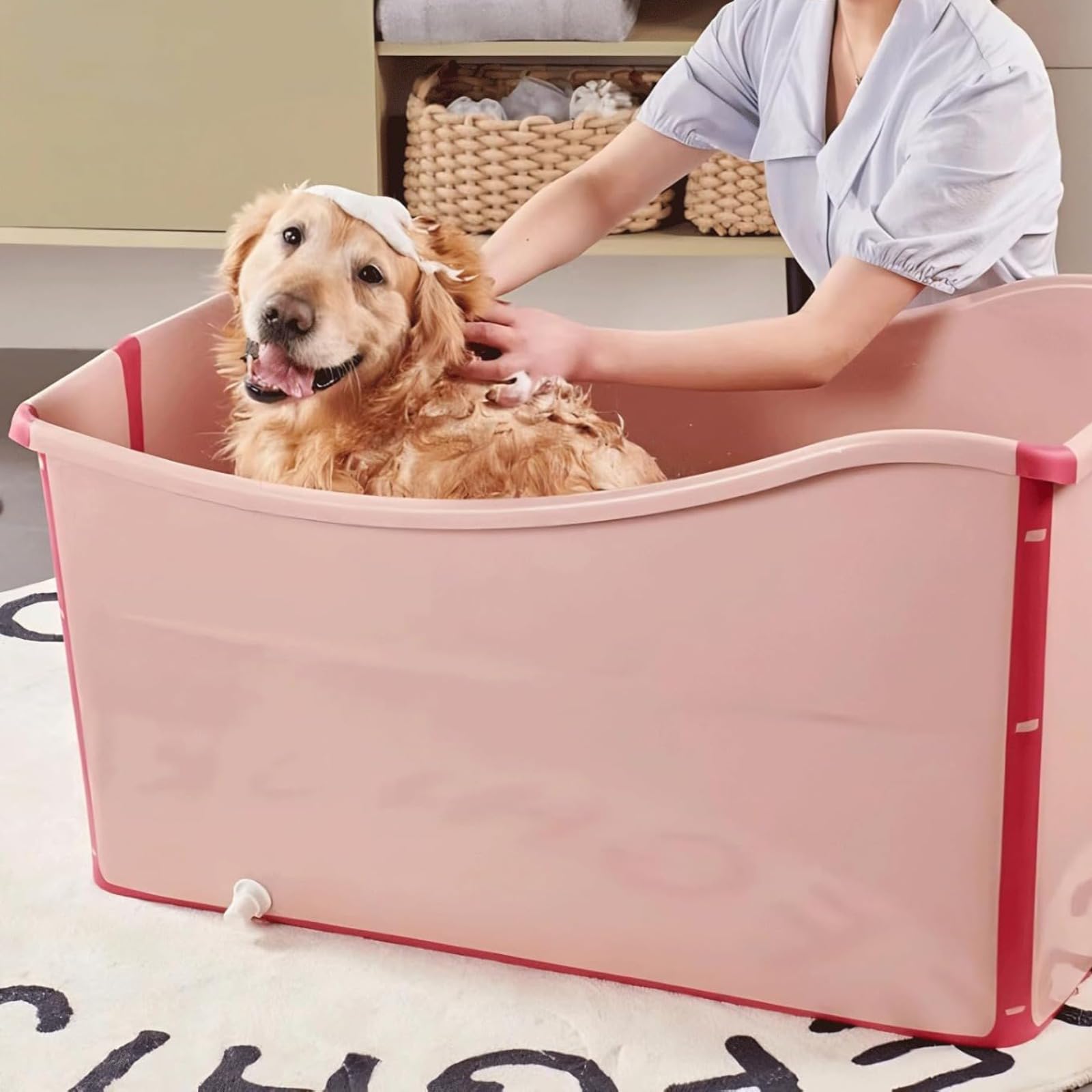 Bañera Plegable Portátil para Perros Grandes,Bañera de Plástico Grueso para Mascotas,Fácil de Guardar,Gran Capacidad, Baños,Pisos Pequeños y Acampadas(Color:Rosa)