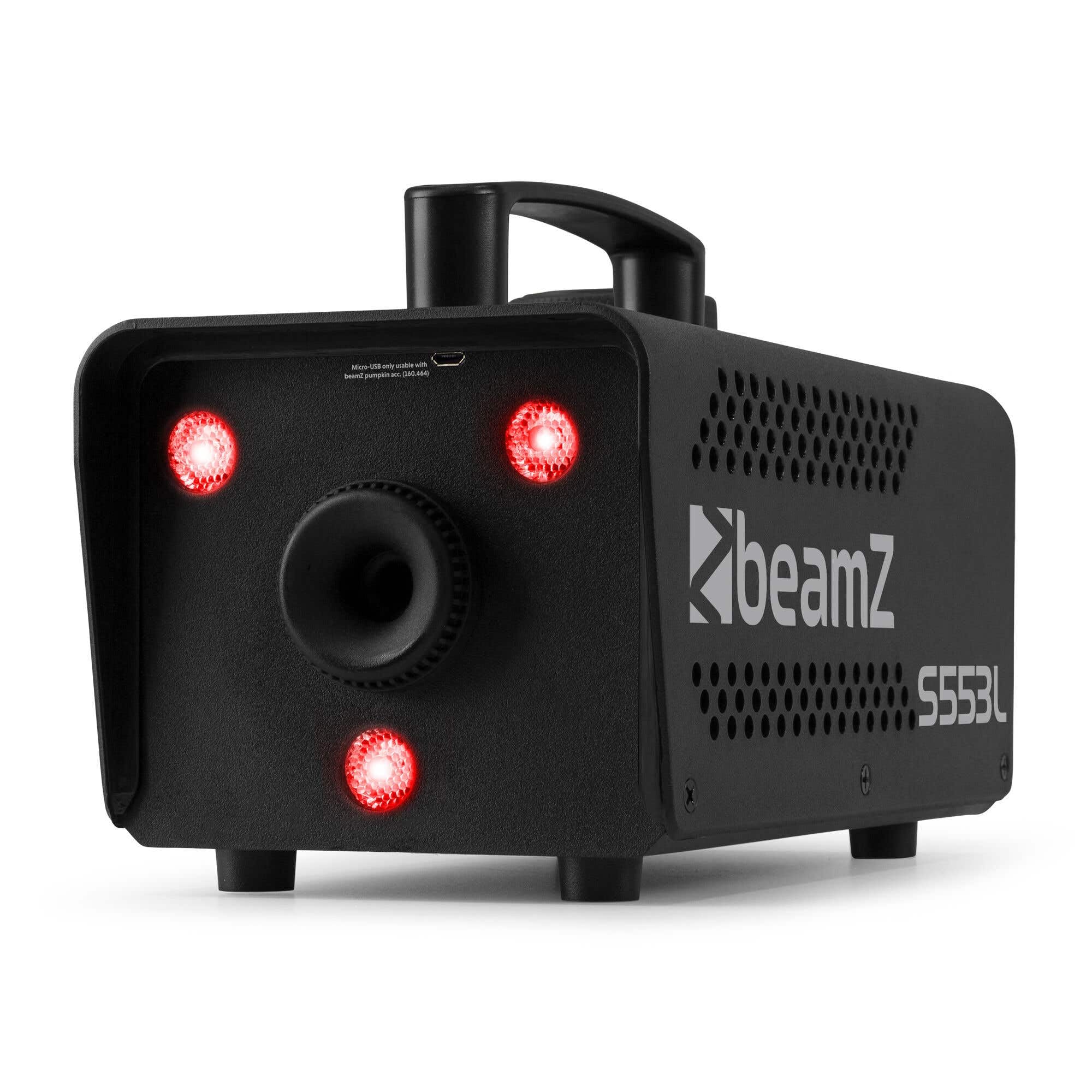 BeamZ S553L máquina de humo 550W con LEDs RGB y efecto estroboscópico, lista en 2,5 min, salida 50 m³/min, incluye 2L de líquido, compacta y portátil para fiestas y eventos