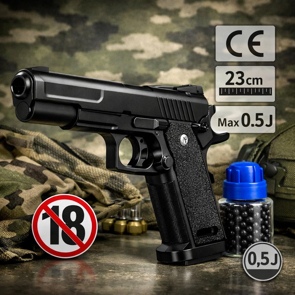 Pistolet Métal – Airsoft à Billes Noir – Taille 23cm &17cm – avec 400 Billes et Distributeur Inclus – Réplique Airsoft Puissance : 0.5 Joules – Tir de Précision – Adulte Unisexe +18 Ans