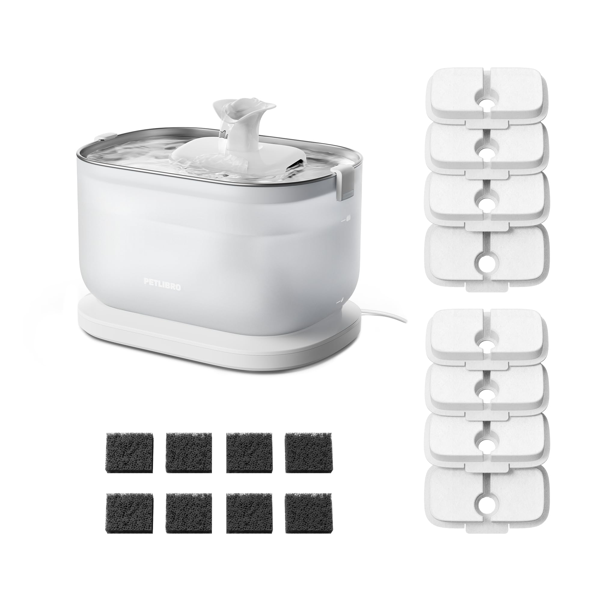 Bundle of PETLIBRO Cat Water Fountain Stainless Steel with Wireless Pump, 2.5L/84oz Dockstream Pet Water Fountain + PETLIBRO Replacement Filters, 4 Months Set of Replacement Filters 8 Count